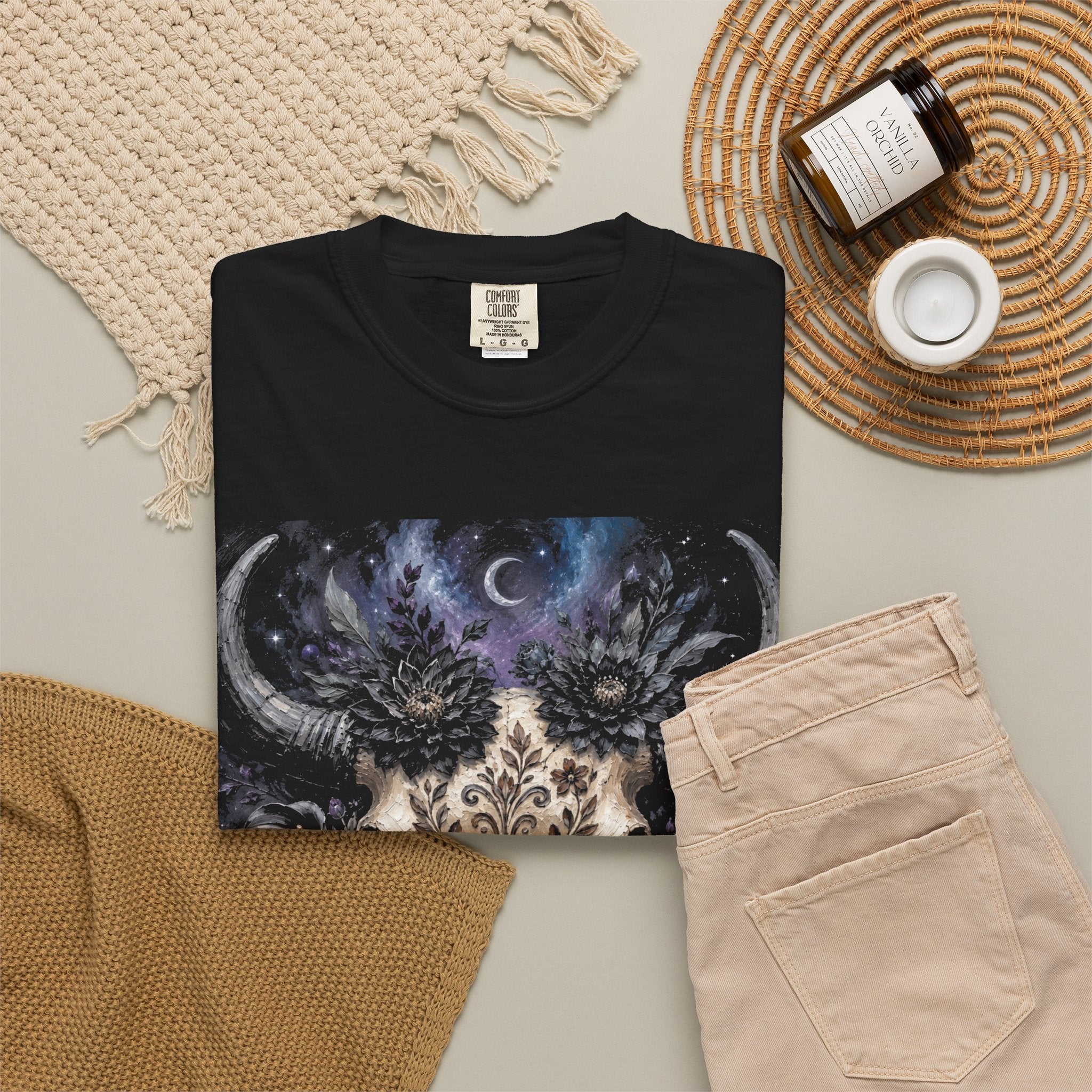 Roses Moon Skull Tee — Gothic Floral Bull Skull T-Shirt