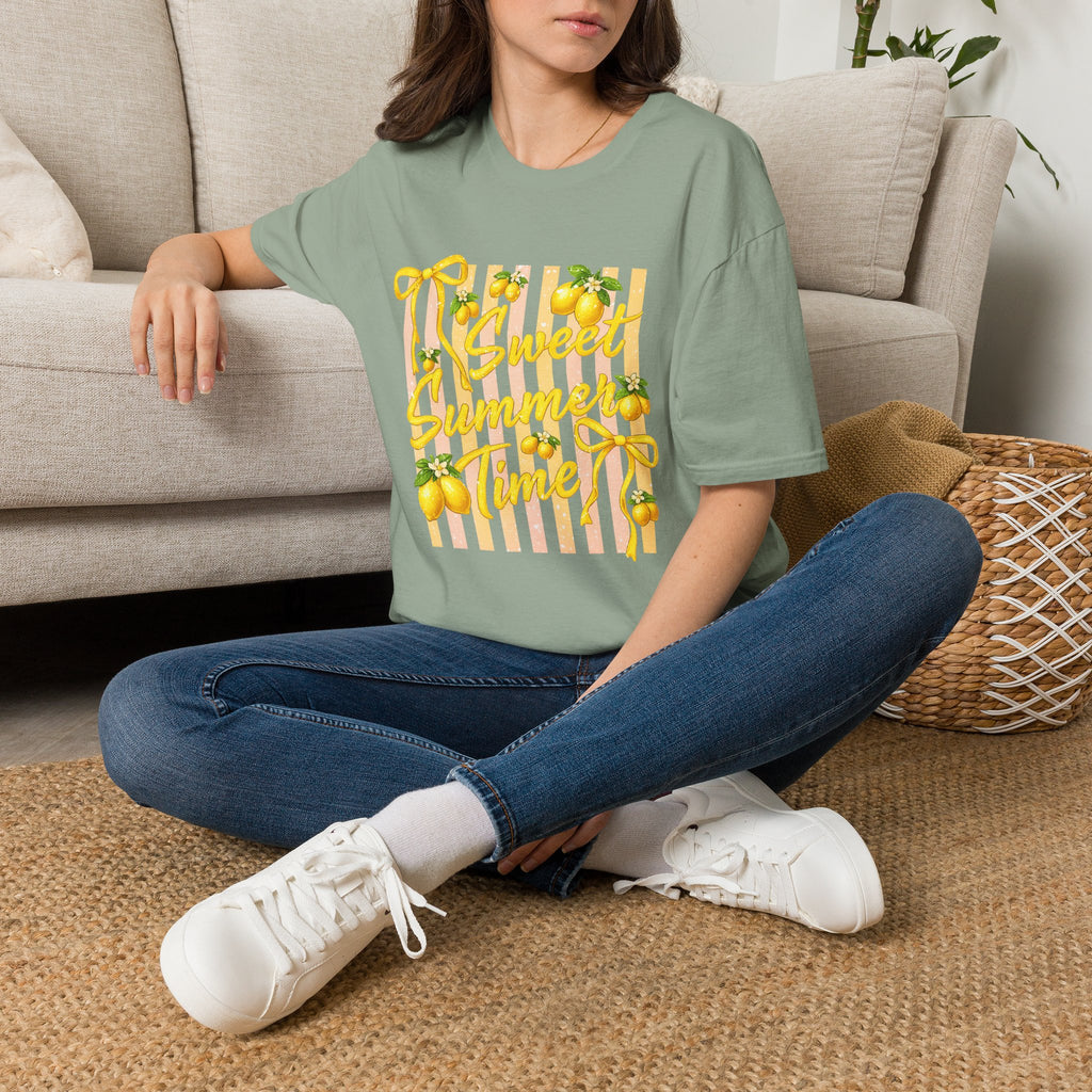 Sweet Summer Lemon Striped T-Shirt - Cute Bows Colorful Summer T-Shirt. Midnight Eye, LLC.