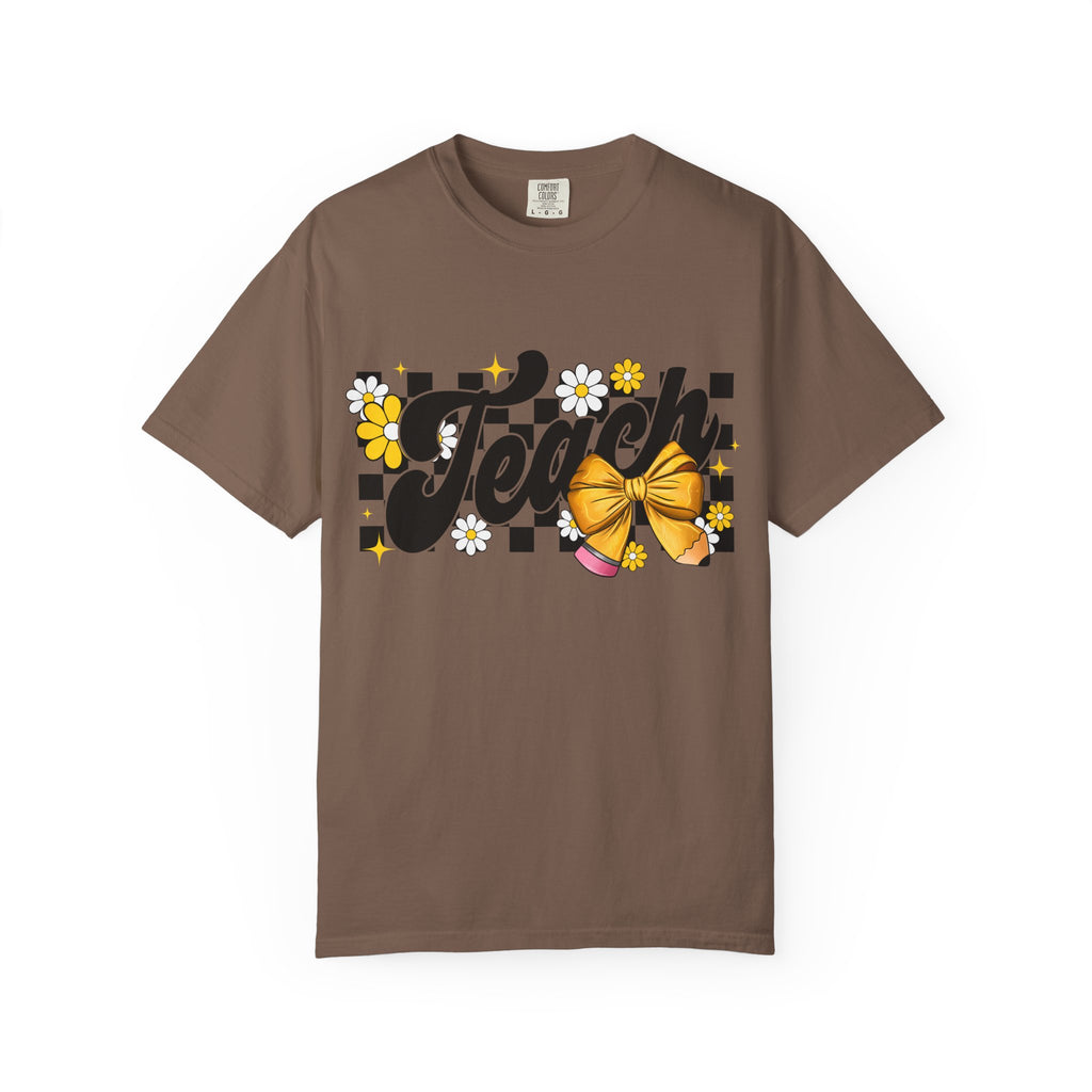 Teacher Floral Bow T-Shirt — 'Teach' Checkerboard Design