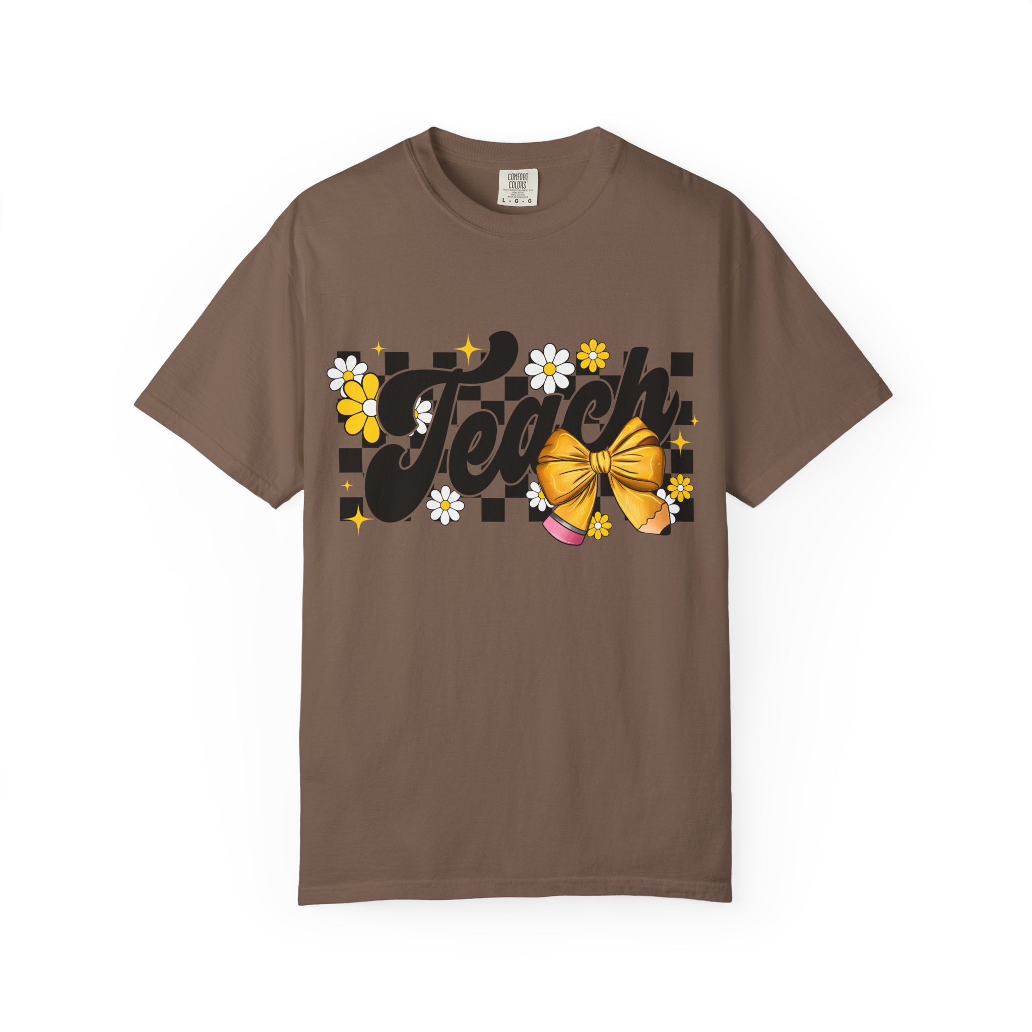 Teacher Floral Bow T-Shirt — 'Teach' Checkerboard Design