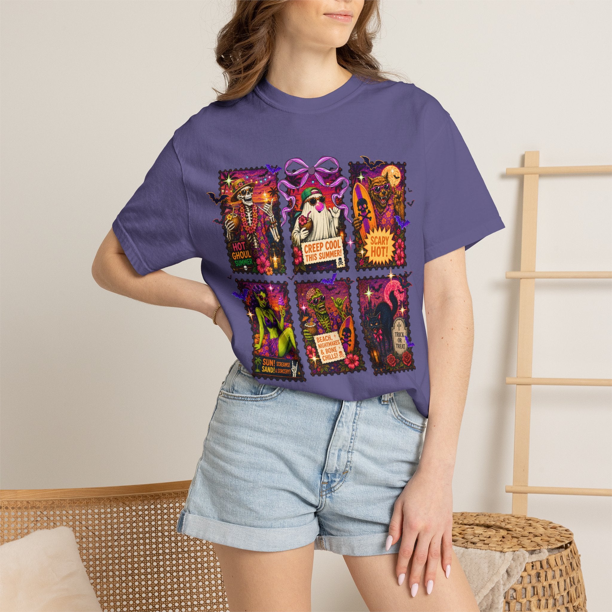 Halloween Horror Stamps T-Shirt — Vintage Spooky Postage Collage. Midnight Eye, LLC.