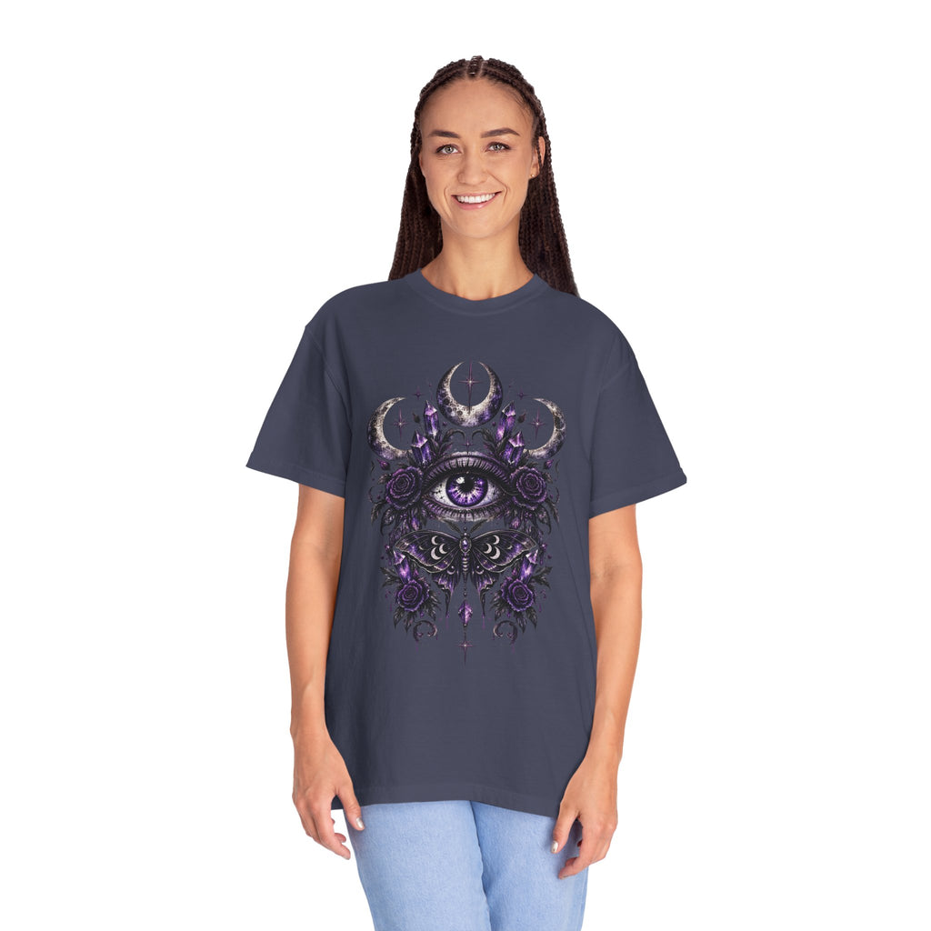 Mystic Eye and Moon T-Shirt — Purple Occult Floral Graphic Tee. Midnight Eye, LLC