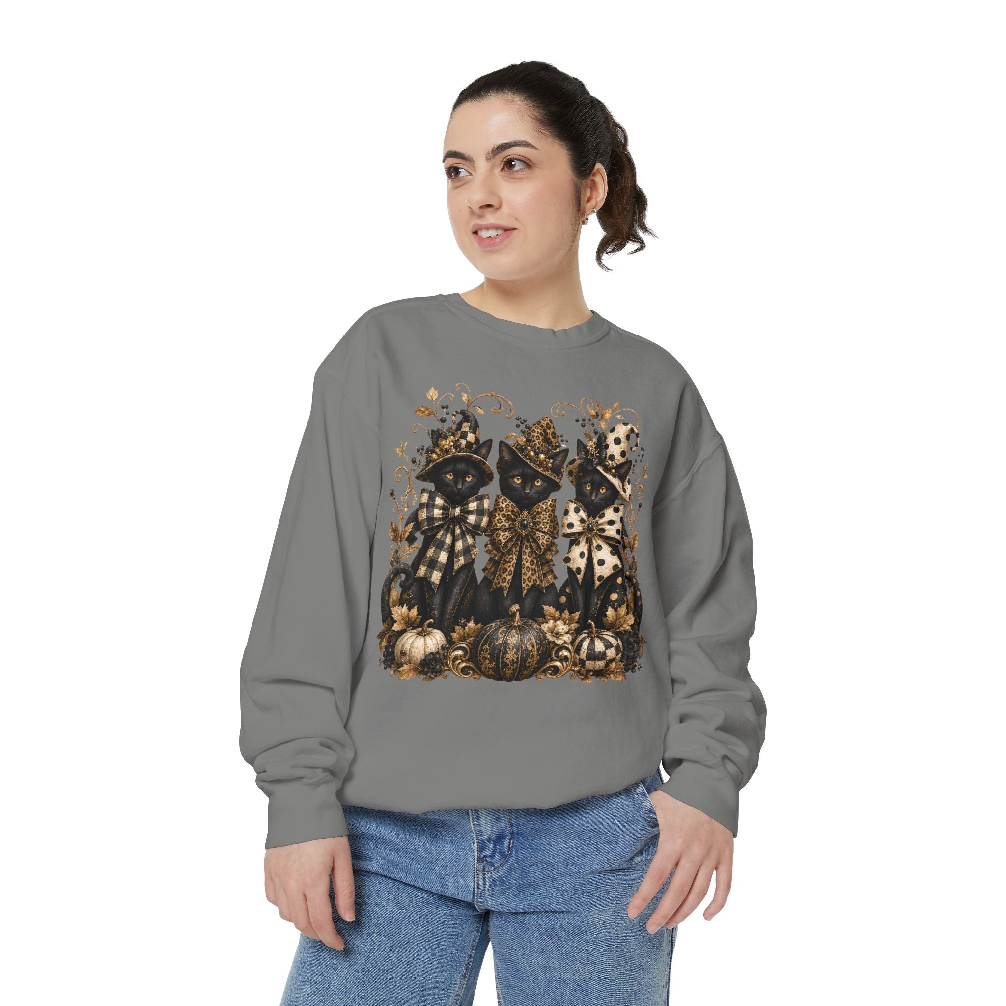 Fall Cats and Pumpkins Crewneck — Comfort Colors Unisex Fleece. Midnight Eye, LLC