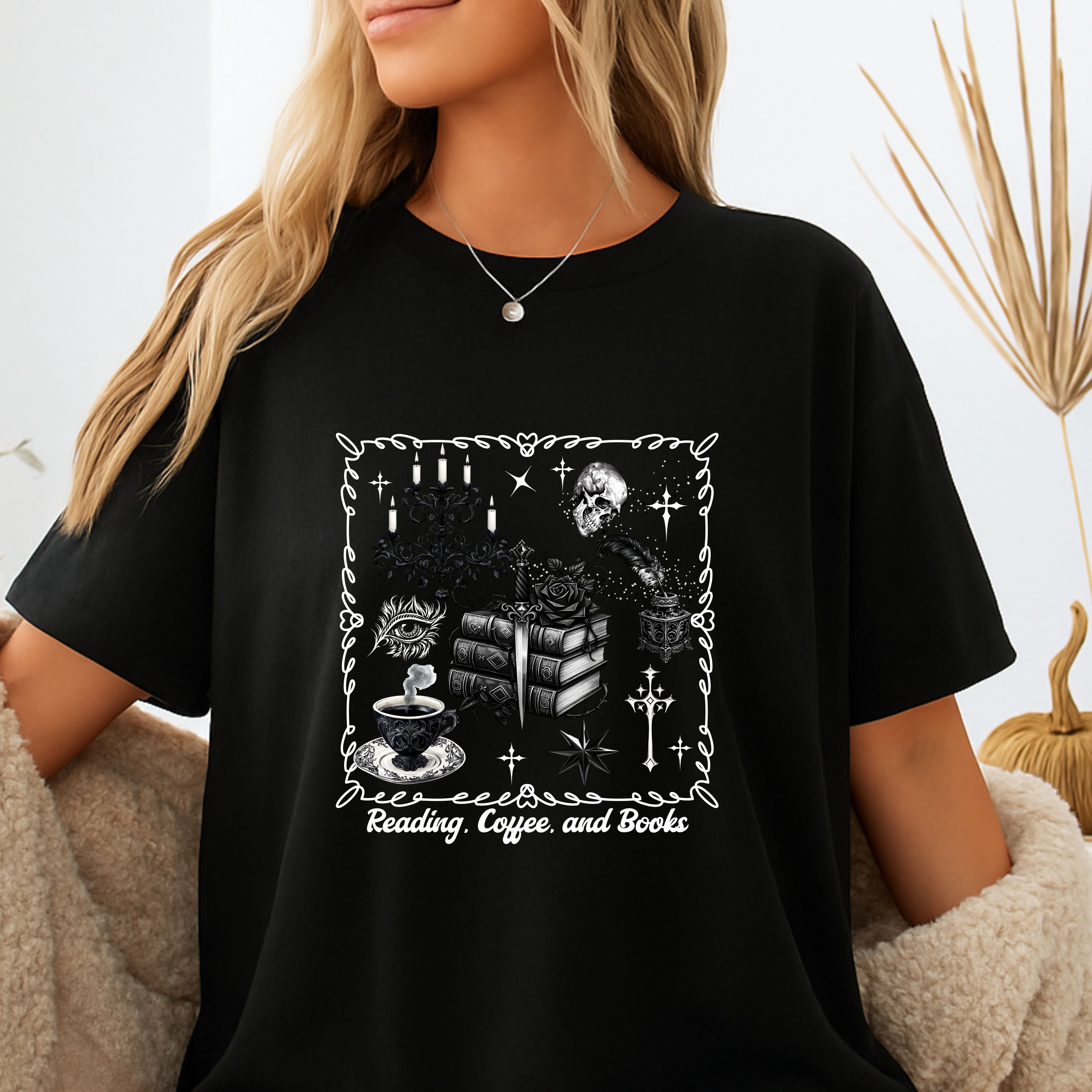 Reading, Coffee & Books T-Shirt — Cozy Gothic Booklover Tee - Dark Aesthetic T-Shirt