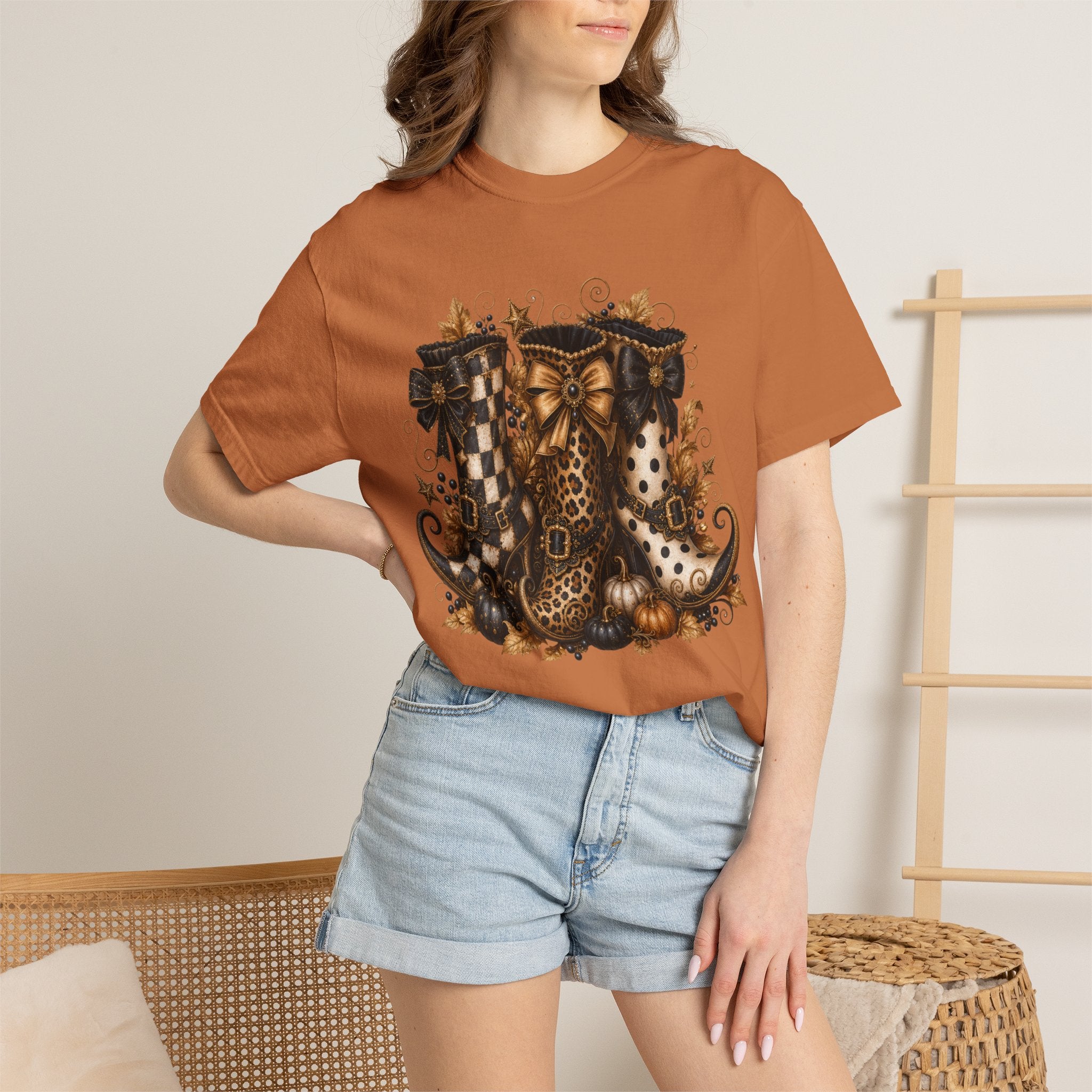 Halloween Cat Bow T-Shirt — Autumn Pumpkin & Checkered Witch Boots Graphic Tee
