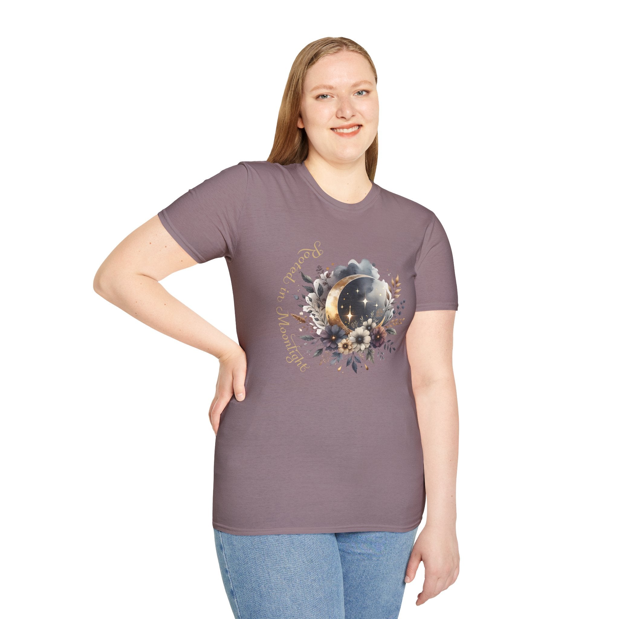 Moonlight Floral T-Shirt — 'Rooted in Moonlight' Celestial Floral Graphic Tee - Mystical Tee - Midnight Eye, LLC