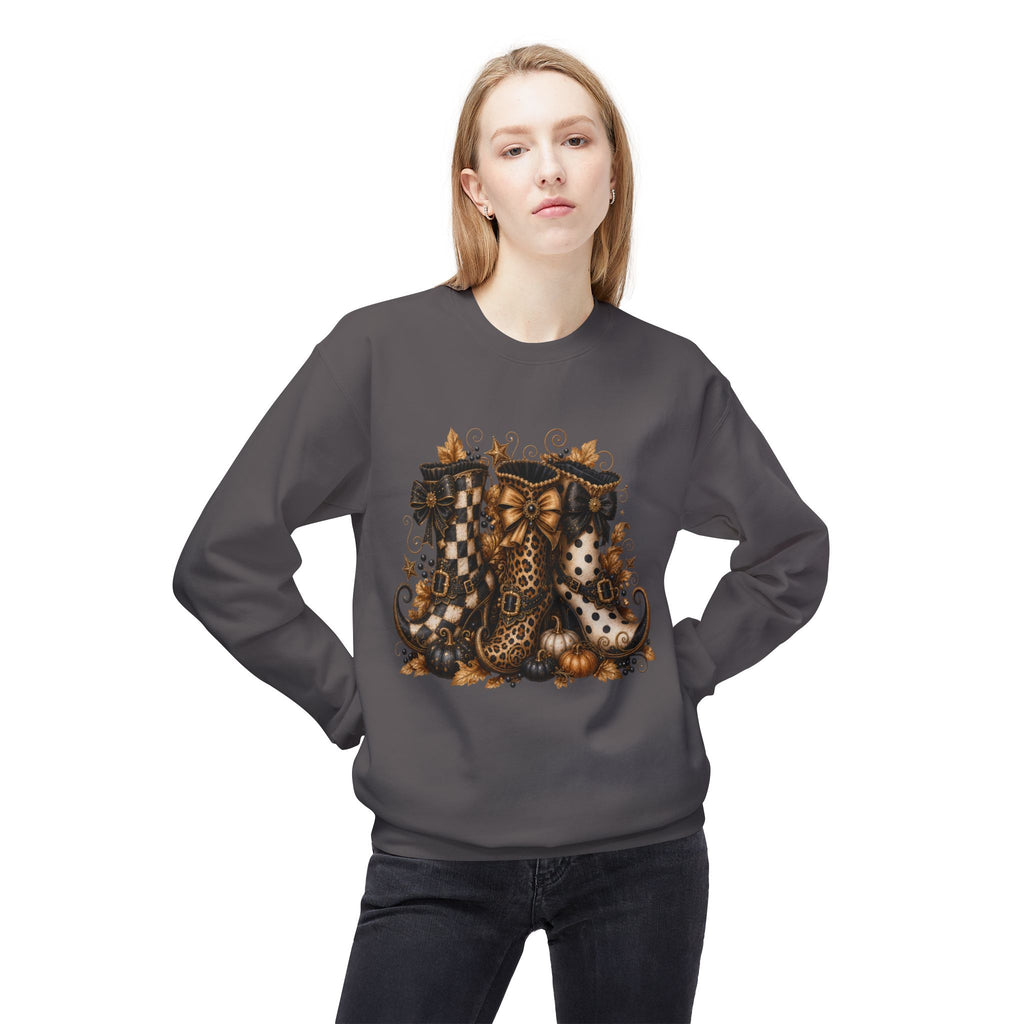Halloween Boots Crewneck Sweatshirt — Autumn Witchy Vintage Goth Boot Trio Design