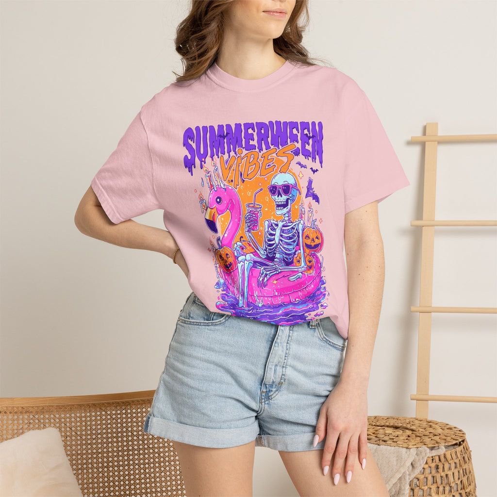 Summerween Vibes T-Shirt — Flamingo Pool Skeleton Halloween in Summer Tee - Midnight Eye, LLC