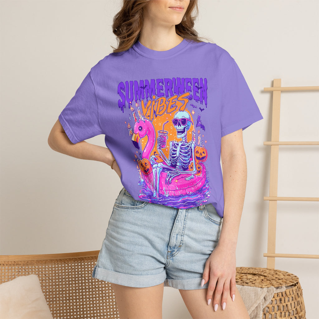 Summerween Vibes T-Shirt — Flamingo Pool Skeleton Halloween in Summer Tee - Midnight Eye, LLC