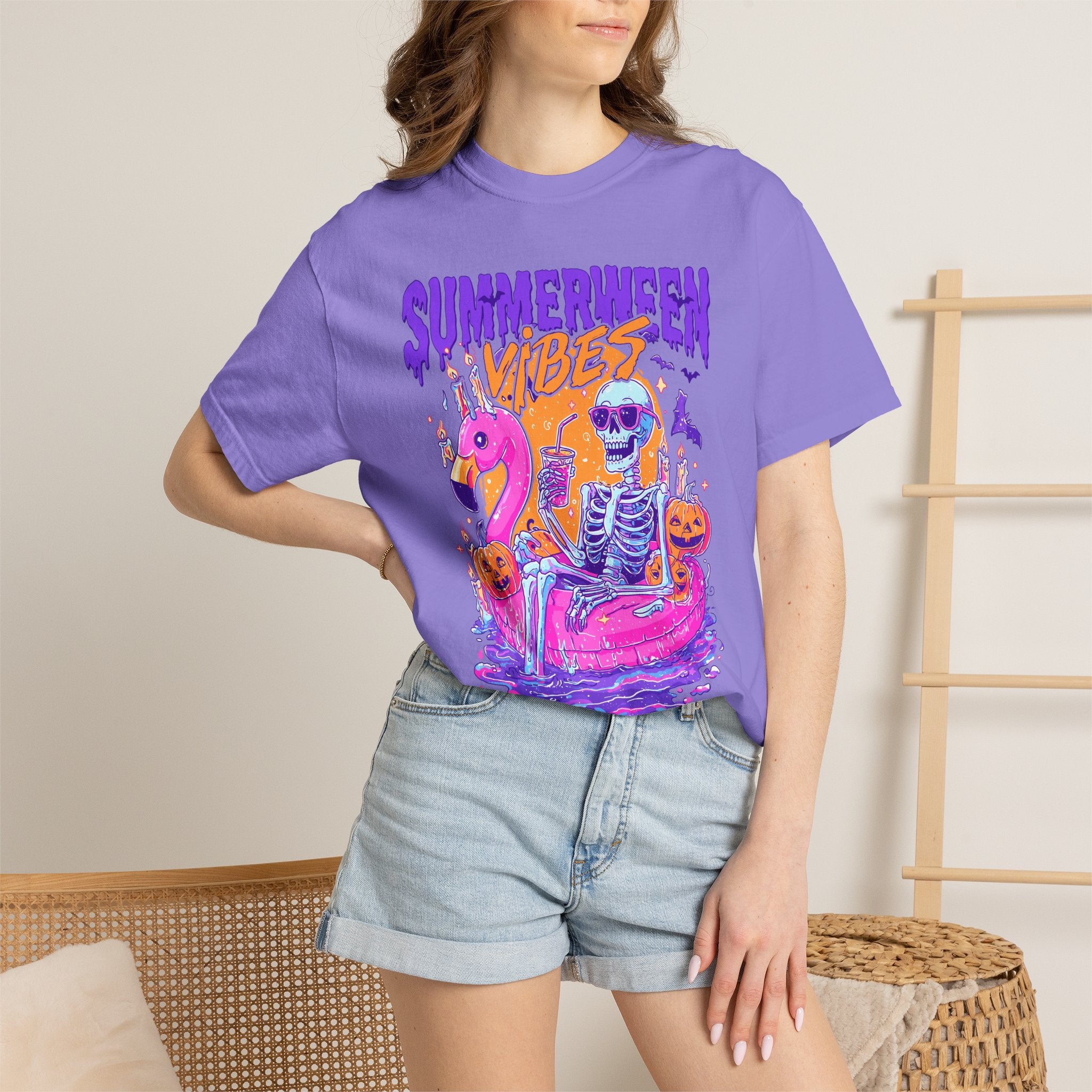 Summerween Vibes T-Shirt — Flamingo Pool Skeleton Halloween in Summer Tee - Midnight Eye, LLC