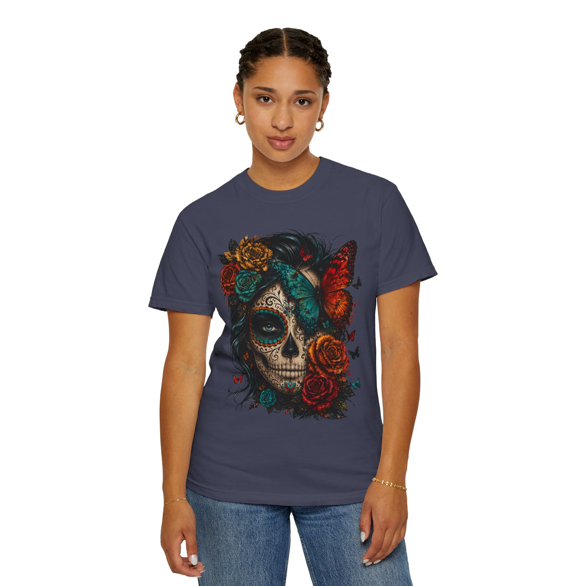 Day of the Dead Sugar Skull T-Shirt — Floral Calavera Graphic Tee. Midnight Eye, LLC.