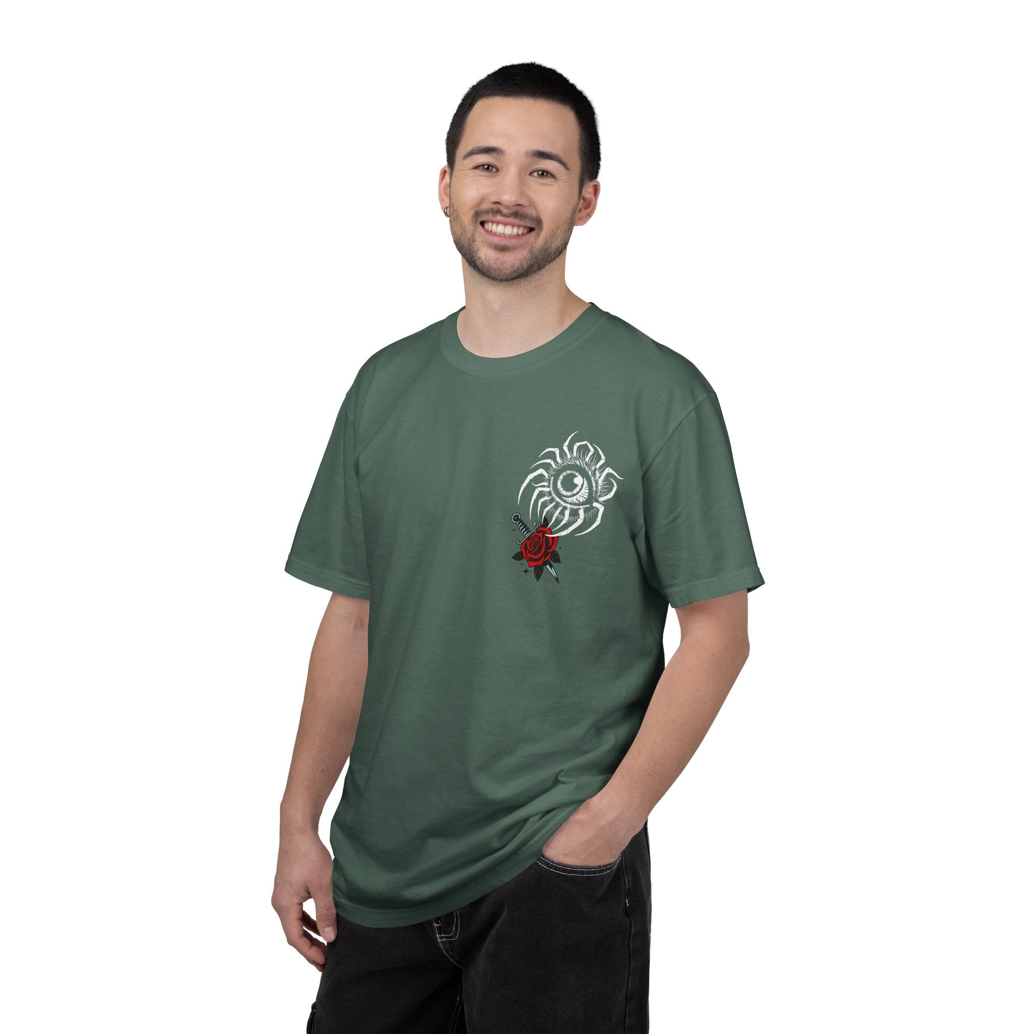 Skull & Red Rose Graphic T-Shirt — Midnight Rose Back Print - Eye T-Shirt - Mystical Tee - Dark Aesthetic Tee - Midnight Eye, LLC