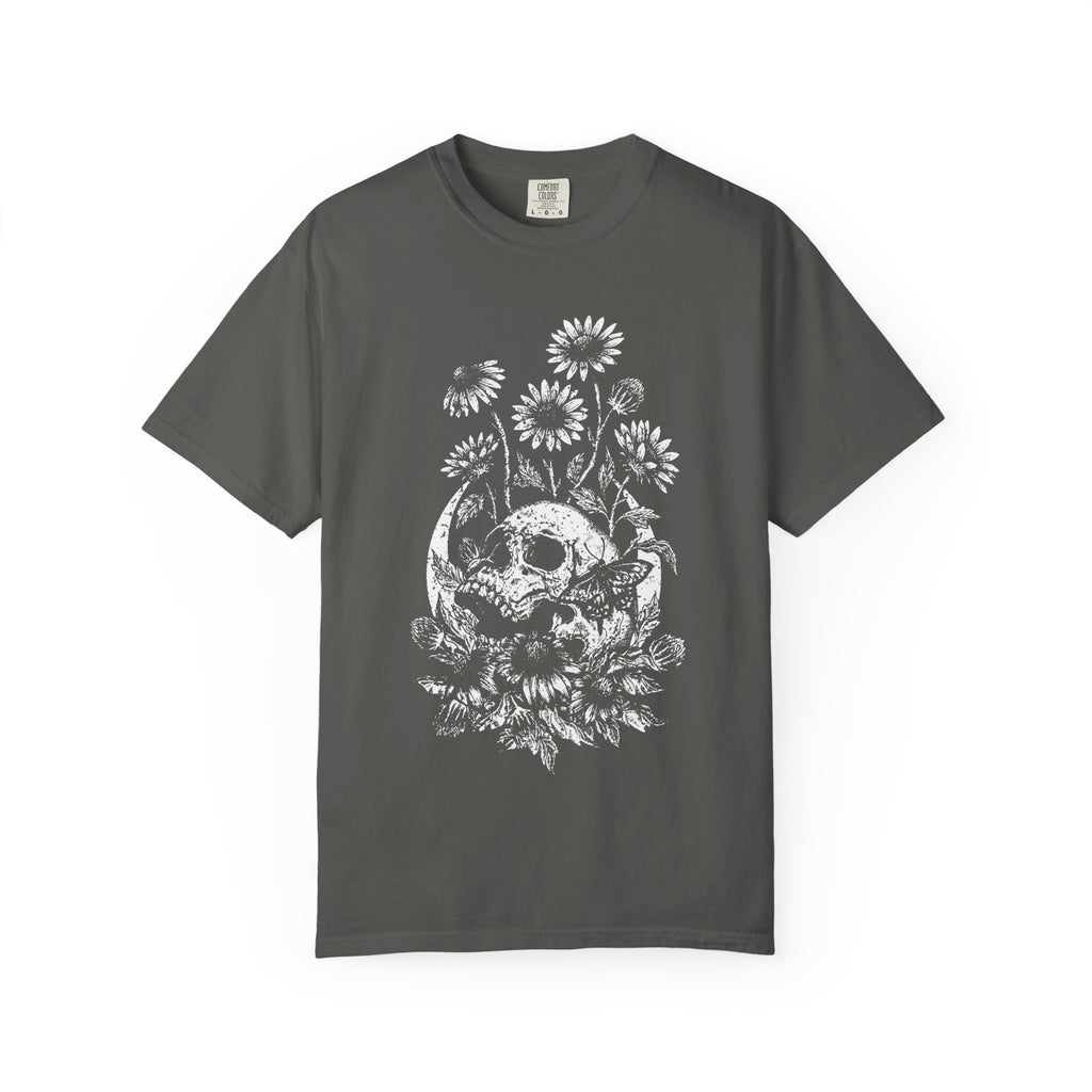 Moon Skull & Daisies Graphic T-Shirt - Half Tone Alternative Tee. Midnight Eye, LLC