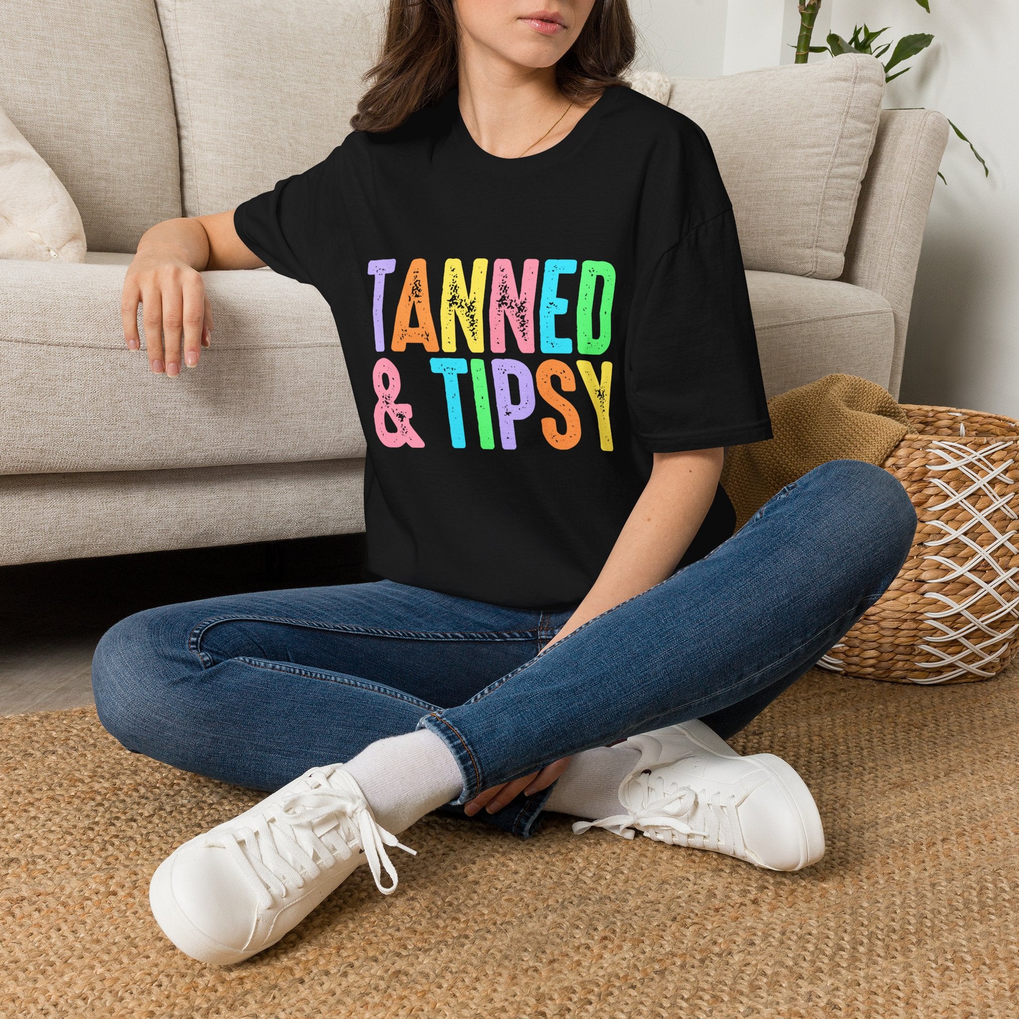 Tanned & Tipsy Beach Vacation T-Shirt - Colorful Vacation T-Shirt - Funny Summer Tee. Midnight Eye, LLC.
