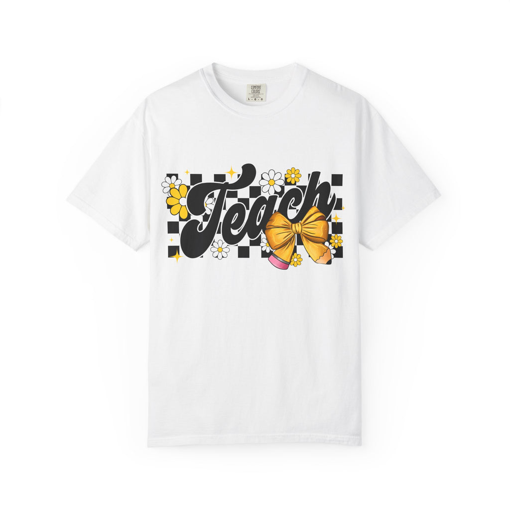 Teacher Floral Bow T-Shirt — 'Teach' Checkerboard Design