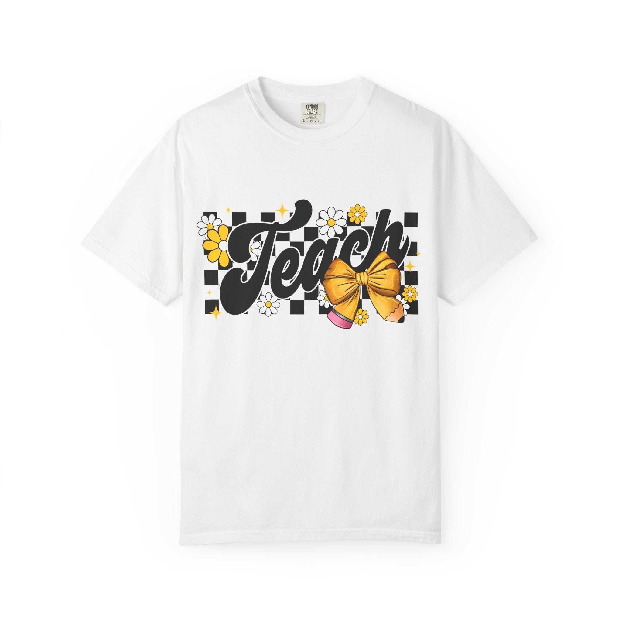 Teacher Floral Bow T-Shirt — 'Teach' Checkerboard Design