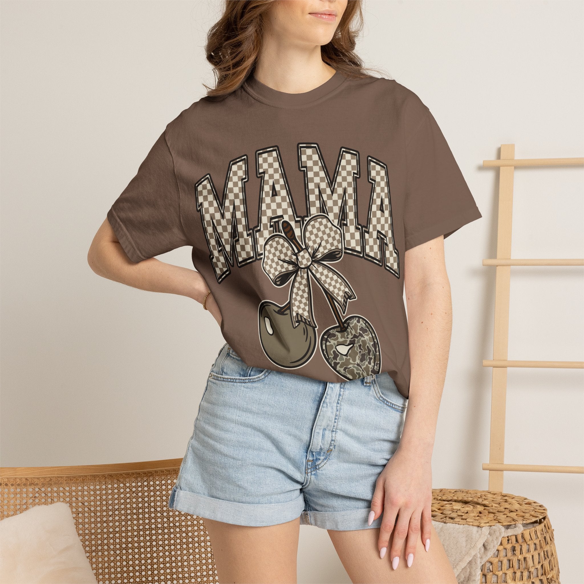 Mama Cherry Graphic T-Shirt — Retro Checkerboard Cherry Design. Midnight Eye, LLC