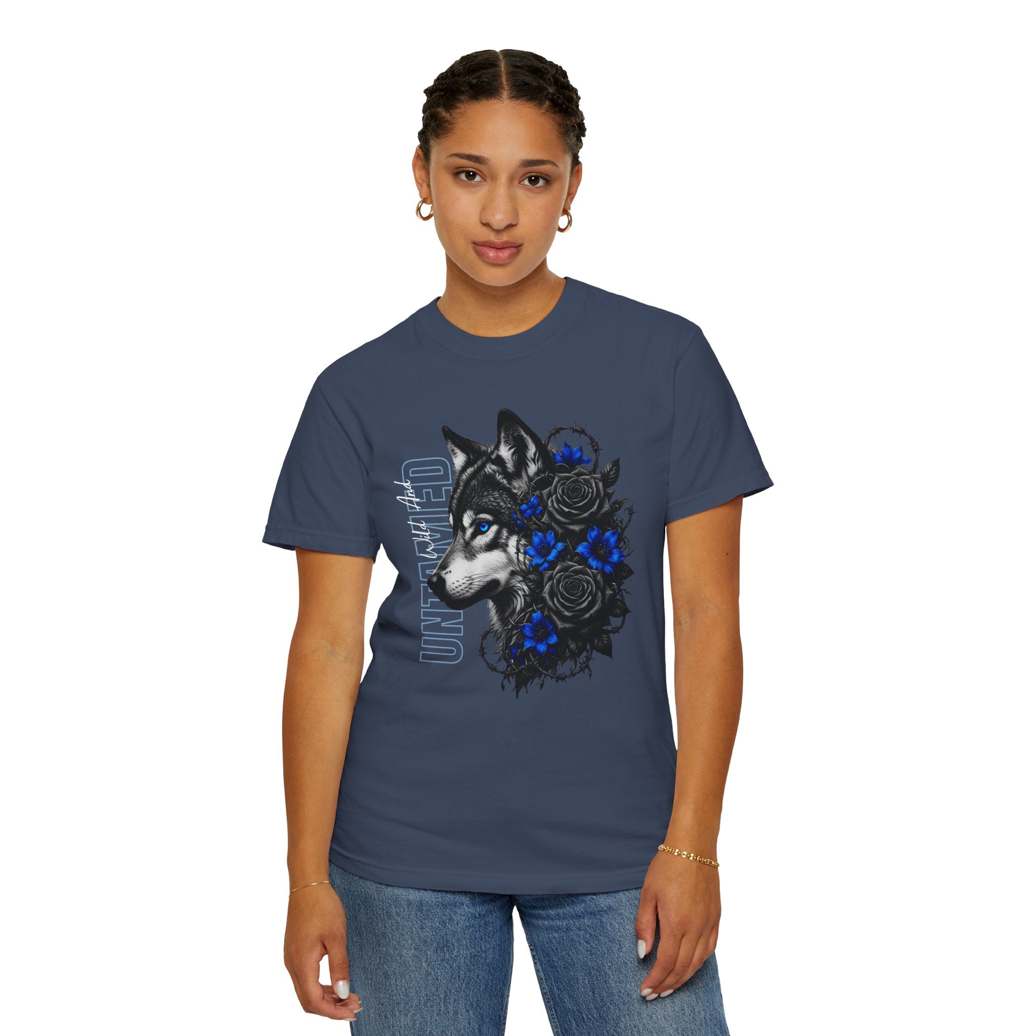 Wolf Floral T-Shirt — "Untamed" Graphic Tee with Blue & Black Roses. Midnight Eye, LLC.