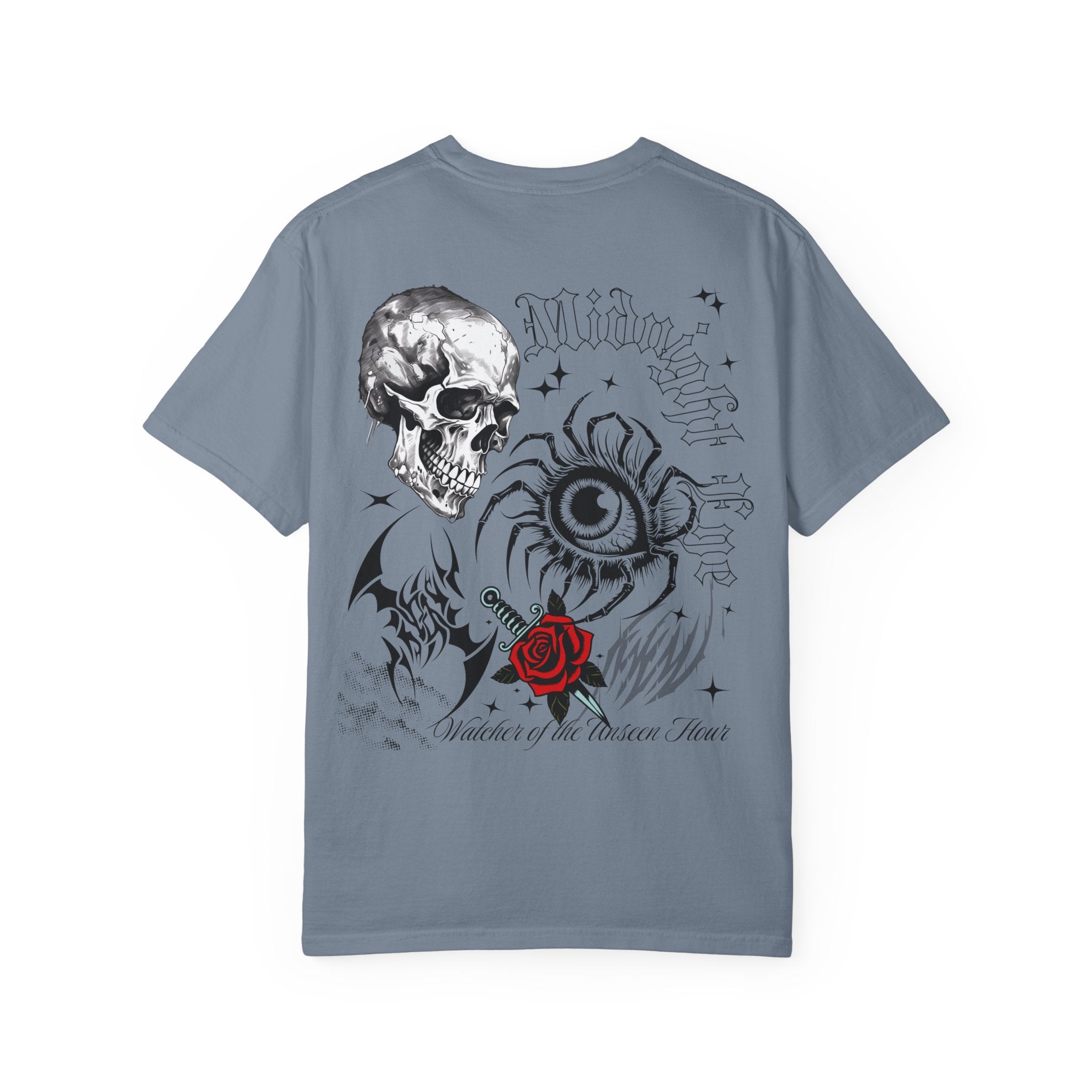 Graphic Skull & Red Rose Gothic T‑Shirt - Edgy Streetwear T-Shirt - Vintage Tee - Dark Aesthetic Tee - Midnight Eye, LLC