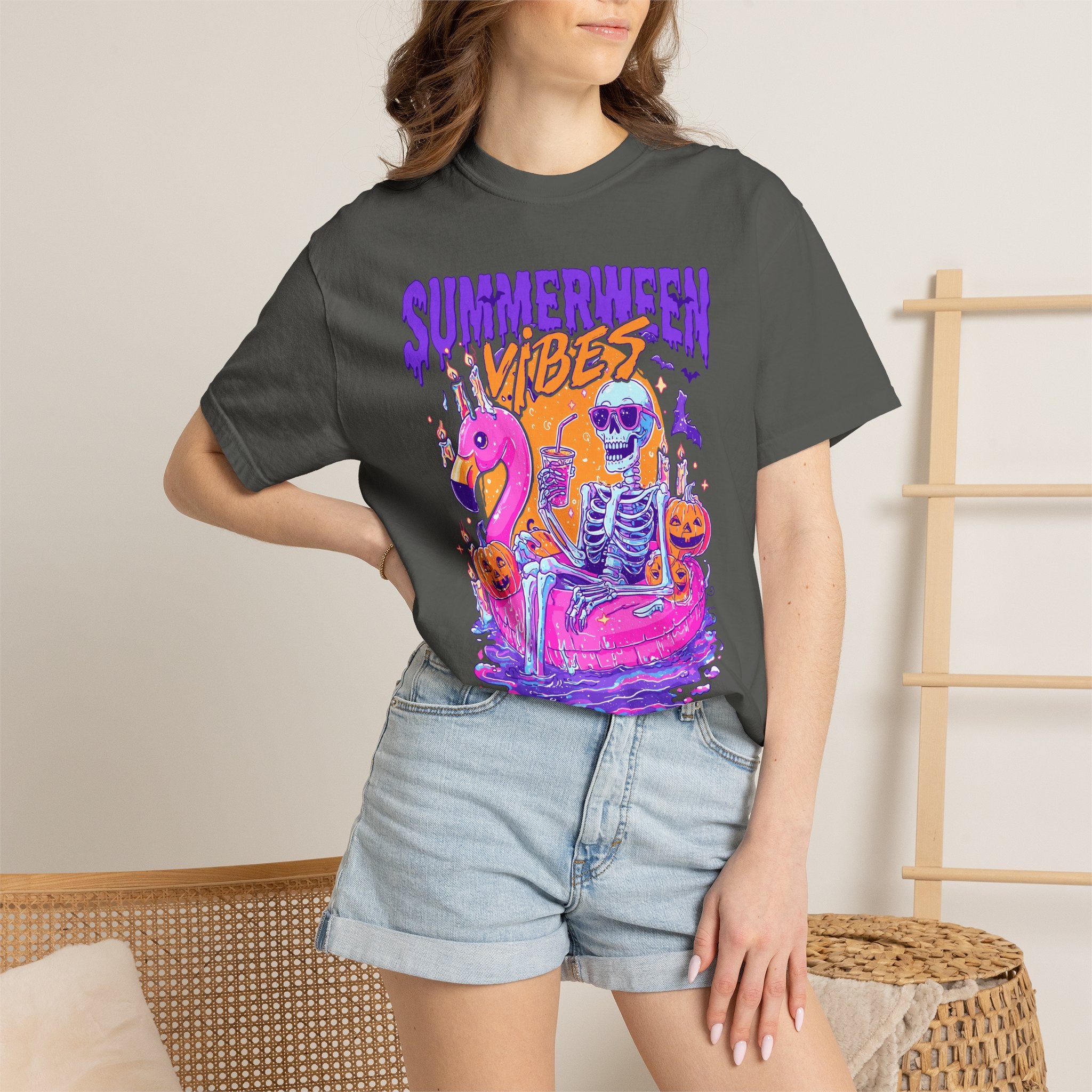 Summerween Vibes T-Shirt — Flamingo Pool Skeleton Halloween in Summer Tee - Midnight Eye, LLC