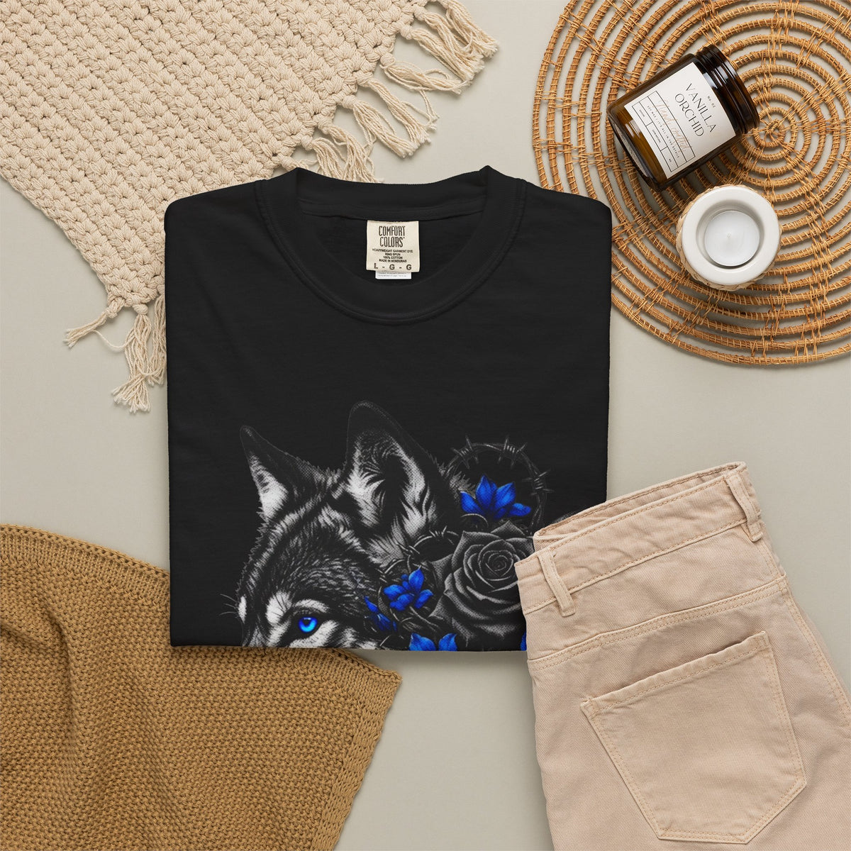 Wolf Floral T-Shirt — "Untamed" Graphic Tee with Blue & Black Roses