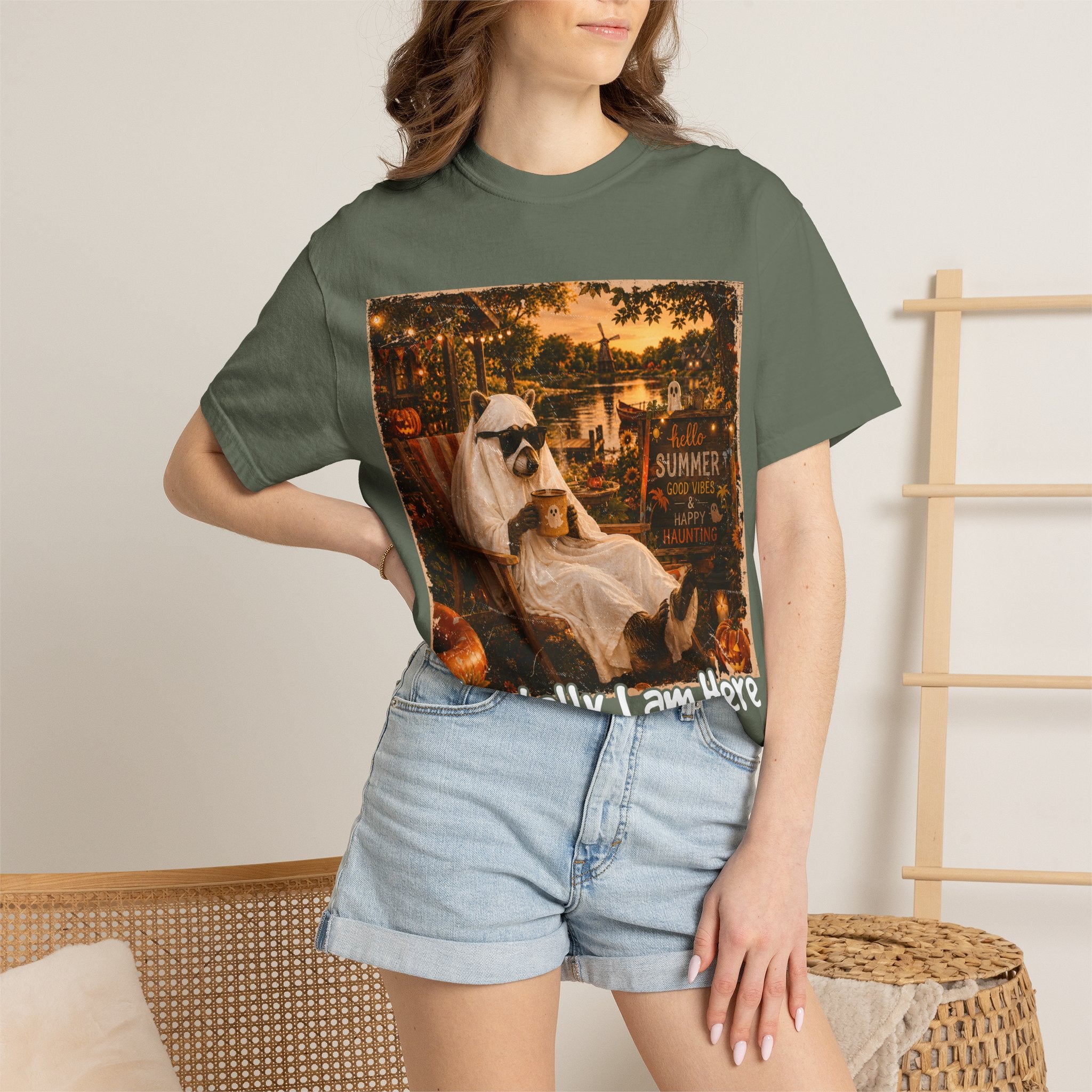 Mentally I Am Here Beach Racoon T-Shirt - Ghost Racoon Summerween Tee
