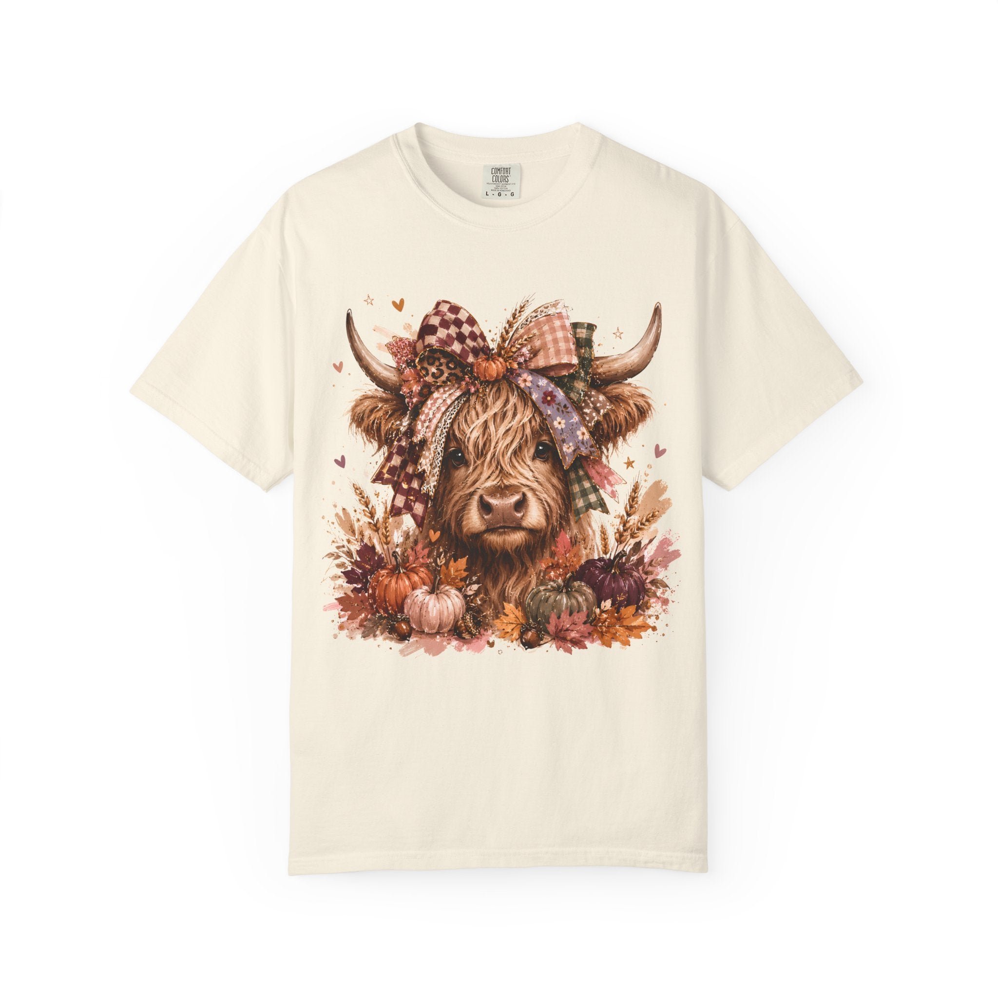 Autumn Highland Cow T-Shirt — Cute Fall Cow and Pumpkins Graphic Tee. Midnight Eye, LLC