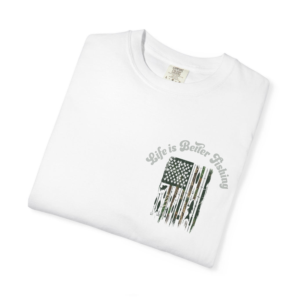 Fishing Flag T-Shirt — "Life is Better Fishing" Graphic Tee - Patriotic Tee - Father's Day T-Shirt - Midnight Eye, LLC