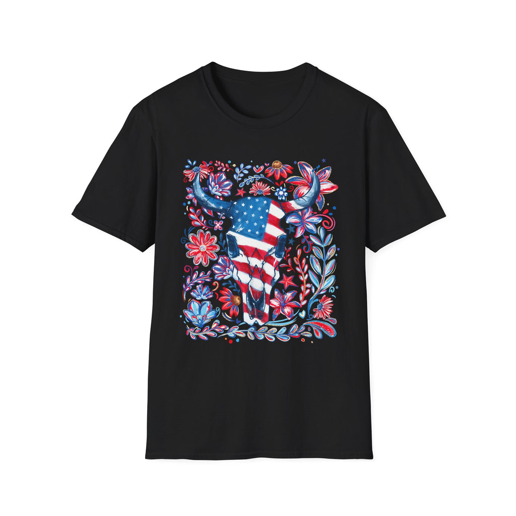American Flag Longhorn T-Shirt — Patriotic Western Bull Tee for 4th of July - Midnight Eye, LLC
