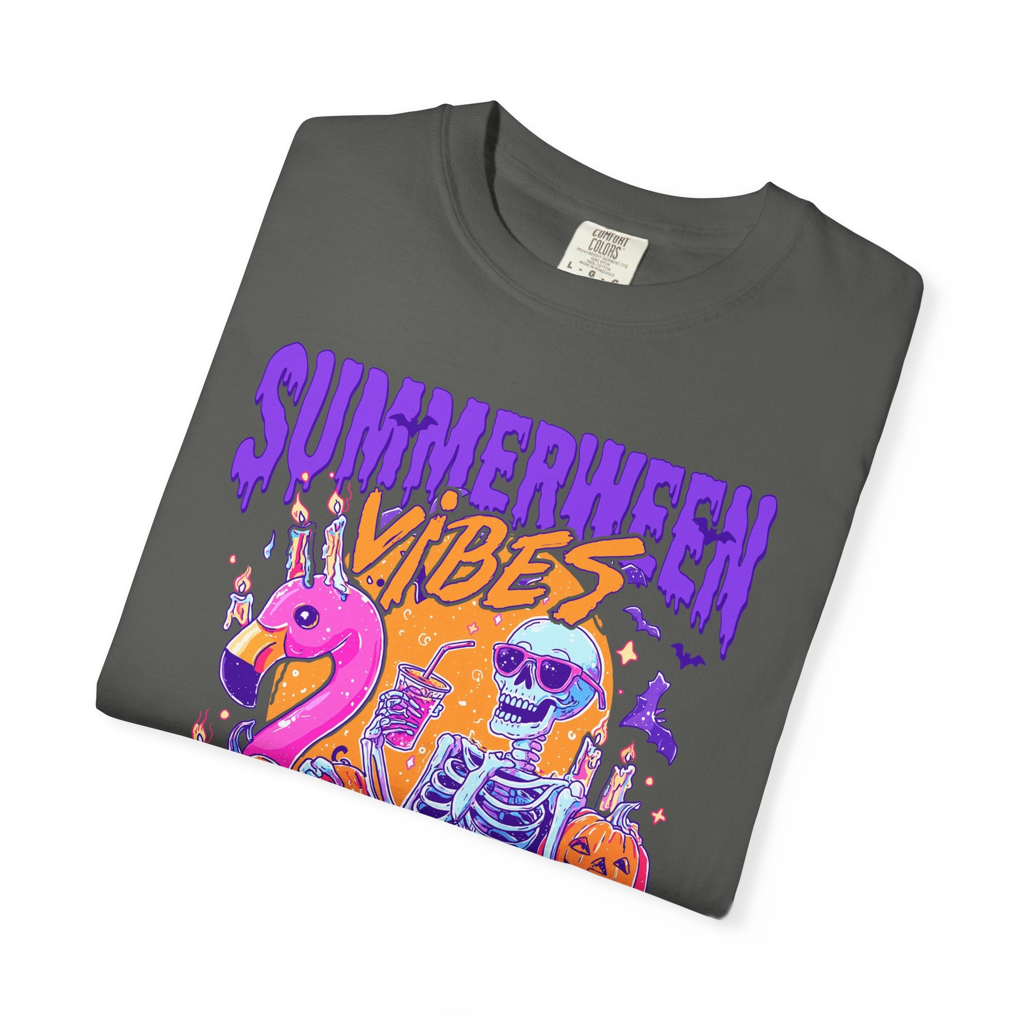 Summerween Vibes T-Shirt — Flamingo Pool Skeleton Halloween in Summer Tee - Midnight Eye, LLC