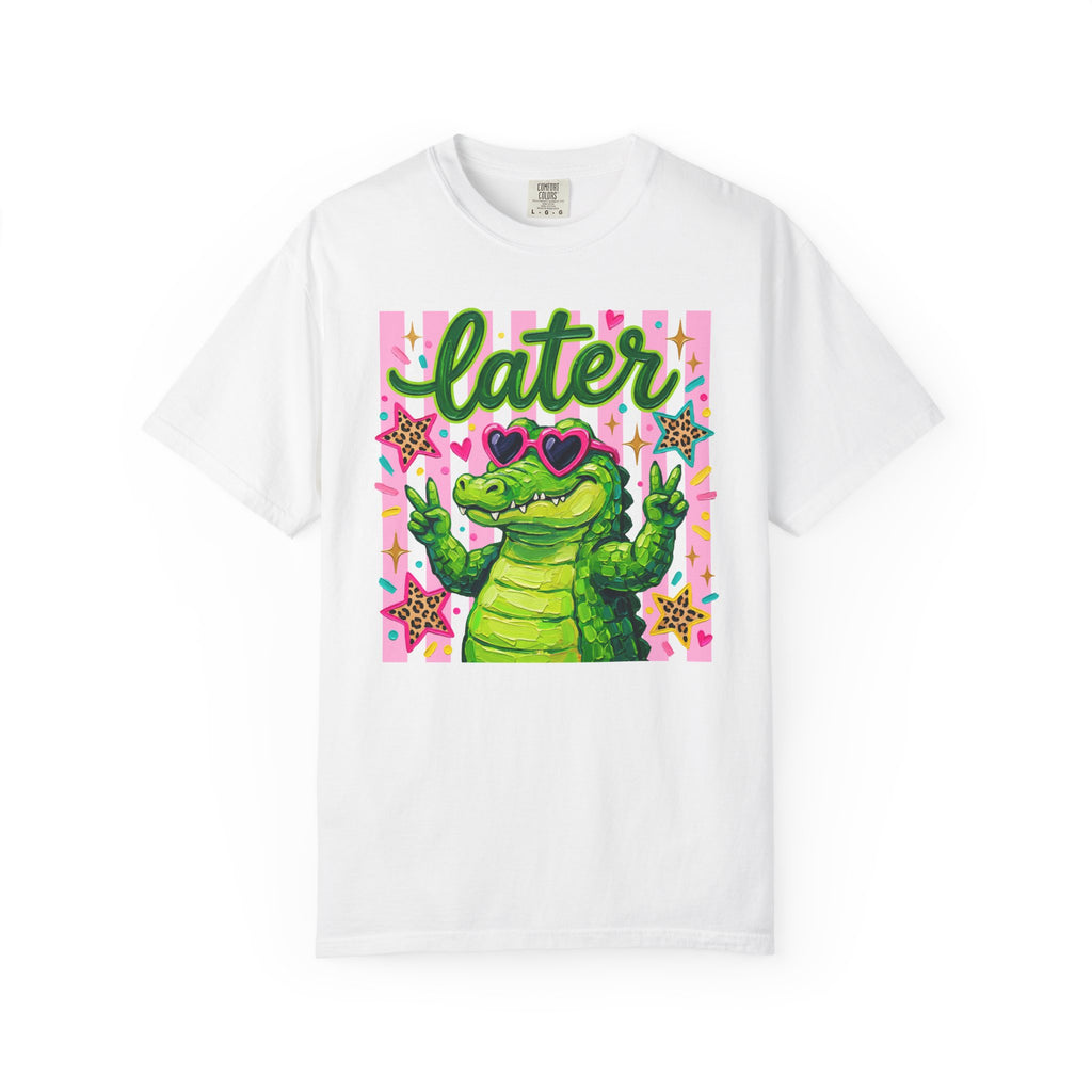 Funny Coquette Faux Brushstroke Stripped T-Shirt - Funny Alligator with Sunglasses Tee - Midnight Eye, LLC