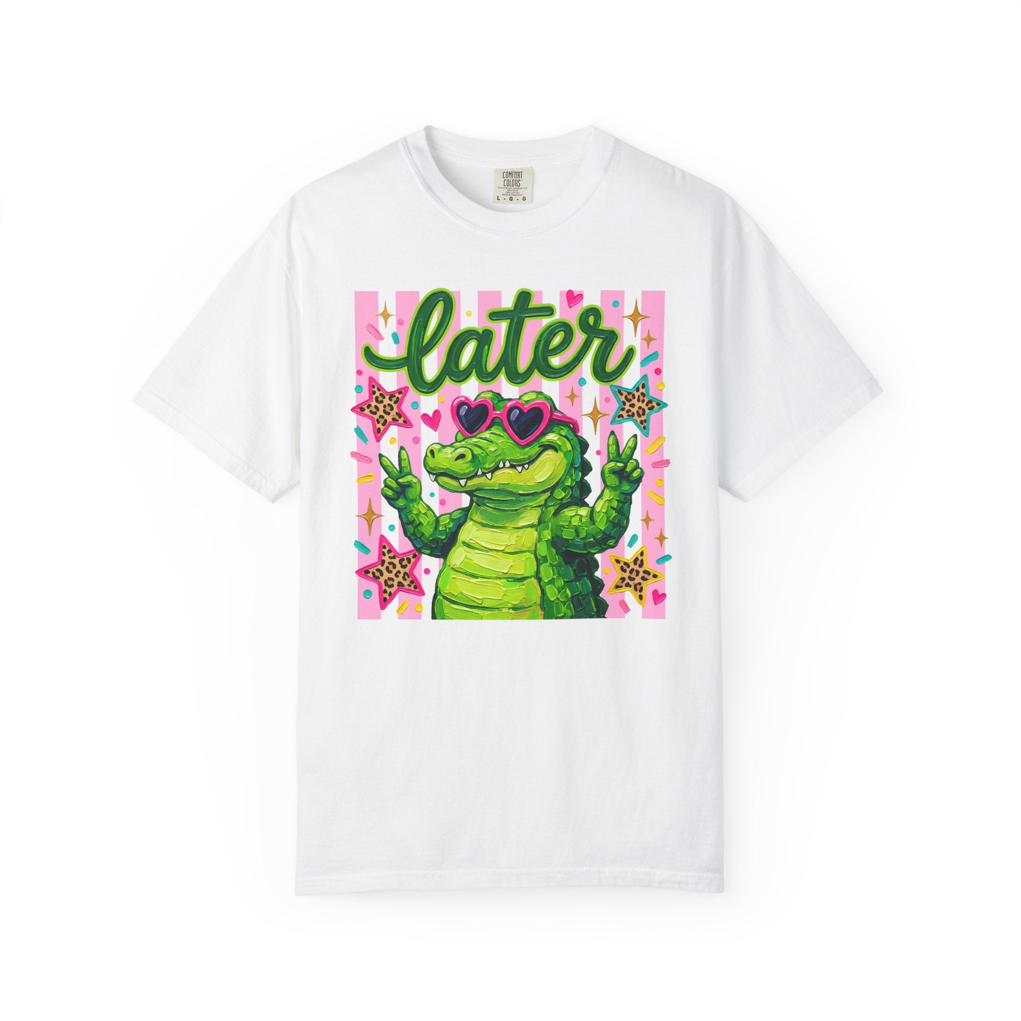 Funny Coquette Faux Brushstroke Stripped T-Shirt - Funny Alligator with Sunglasses Tee - Midnight Eye, LLC