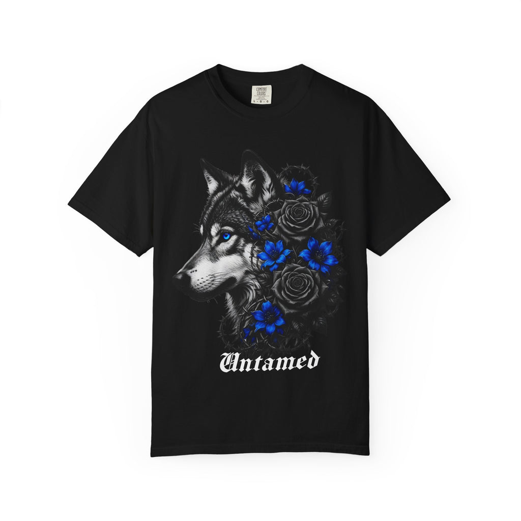 Wolf Floral T-Shirt — "Untamed" Graphic Tee with Blue & Black Roses
