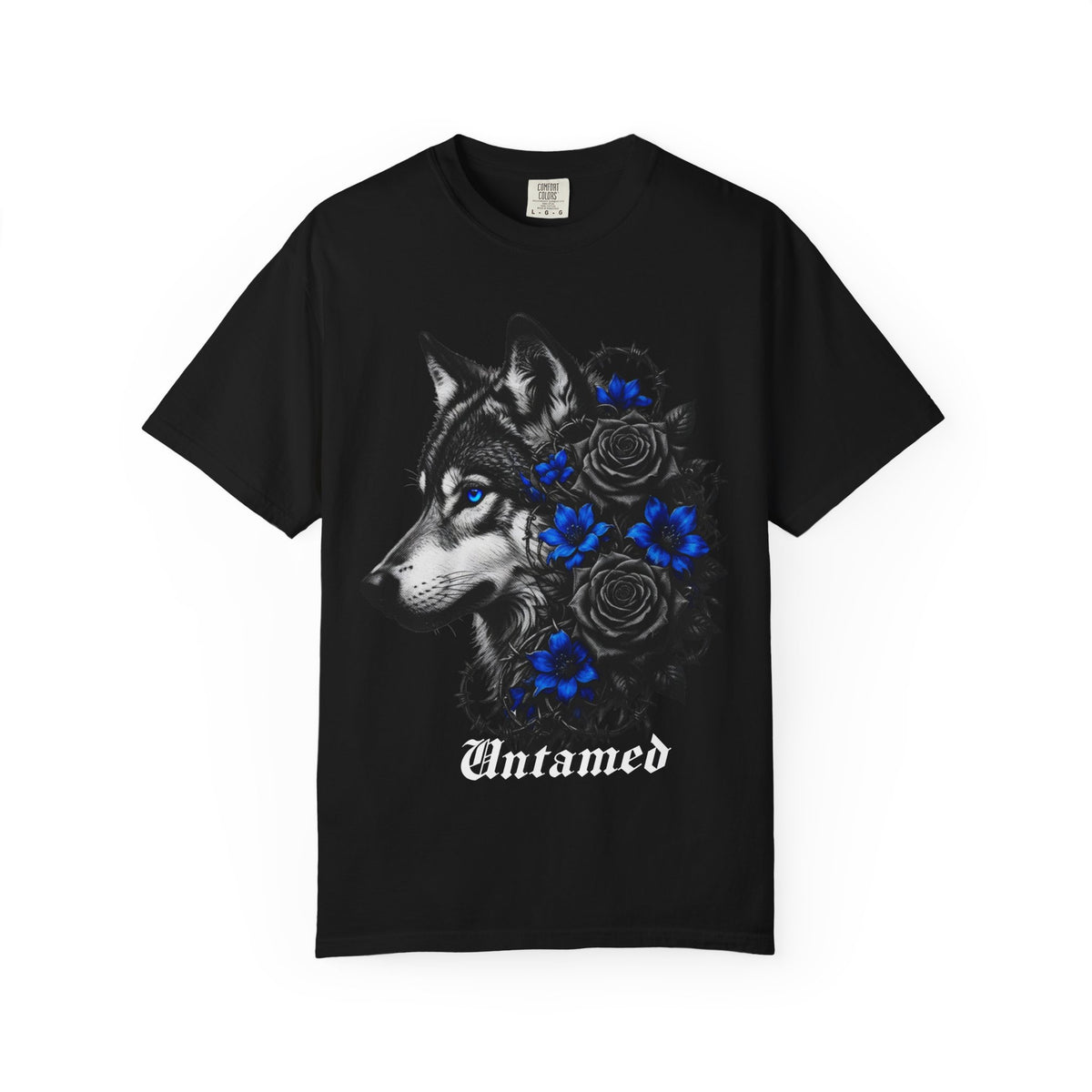Wolf Floral T-Shirt — "Untamed" Graphic Tee with Blue & Black Roses