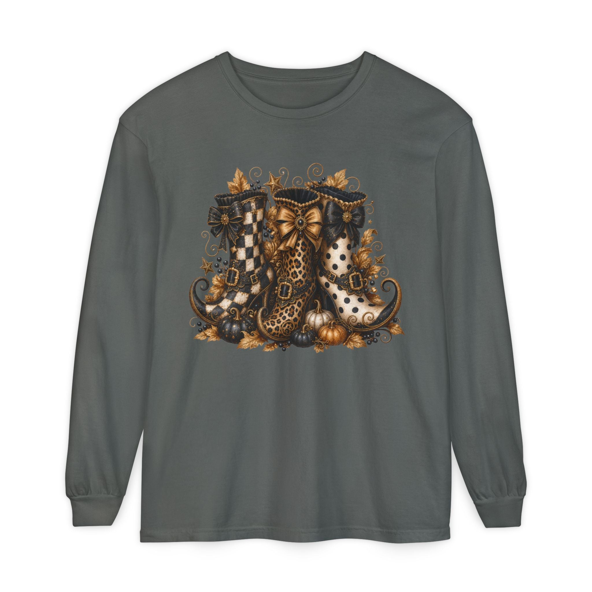 Halloween Witch Boots Long Sleeve T-Shirt — Vintage Spooky Pumpkin & Bows. Midnight Eye, LLC