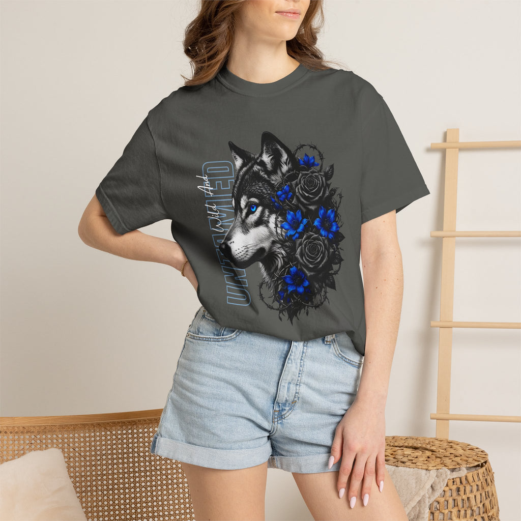 Wolf Floral T-Shirt — "Untamed" Graphic Tee with Blue & Black Roses. Midnight Eye, LLC.