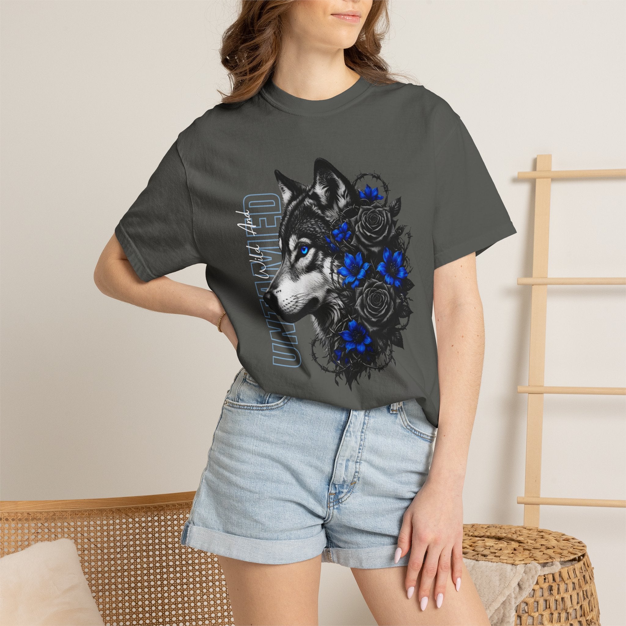 Wolf Floral T-Shirt — "Untamed" Graphic Tee with Blue & Black Roses. Midnight Eye, LLC.