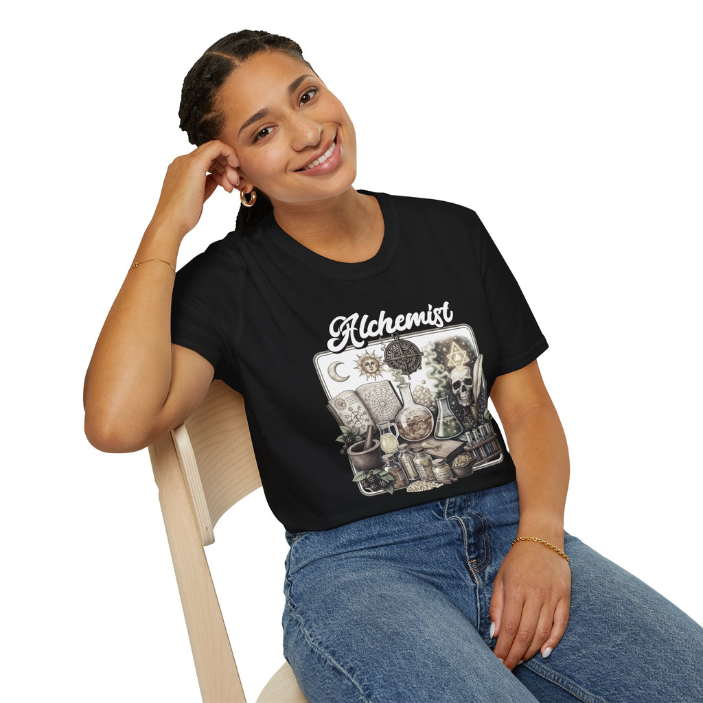 Alchemist Graphic T-Shirt — Vintage Apothecary Potion & Skull Design - Mystical Tee - Midnight Eye, LLC