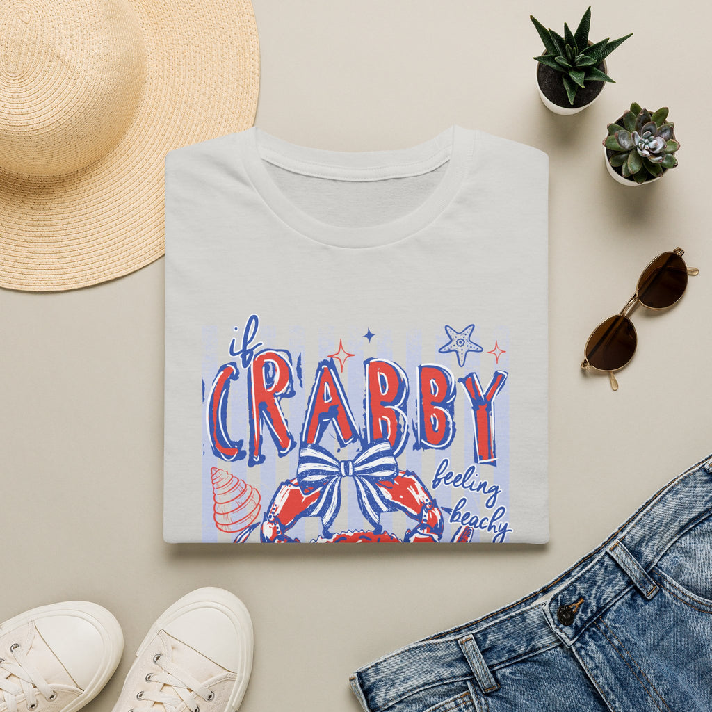 Crabby Beach T-Shirt — "If Crabby, Please Return to the Beach" Funny Summer Tee. Midnight Eye LLC.