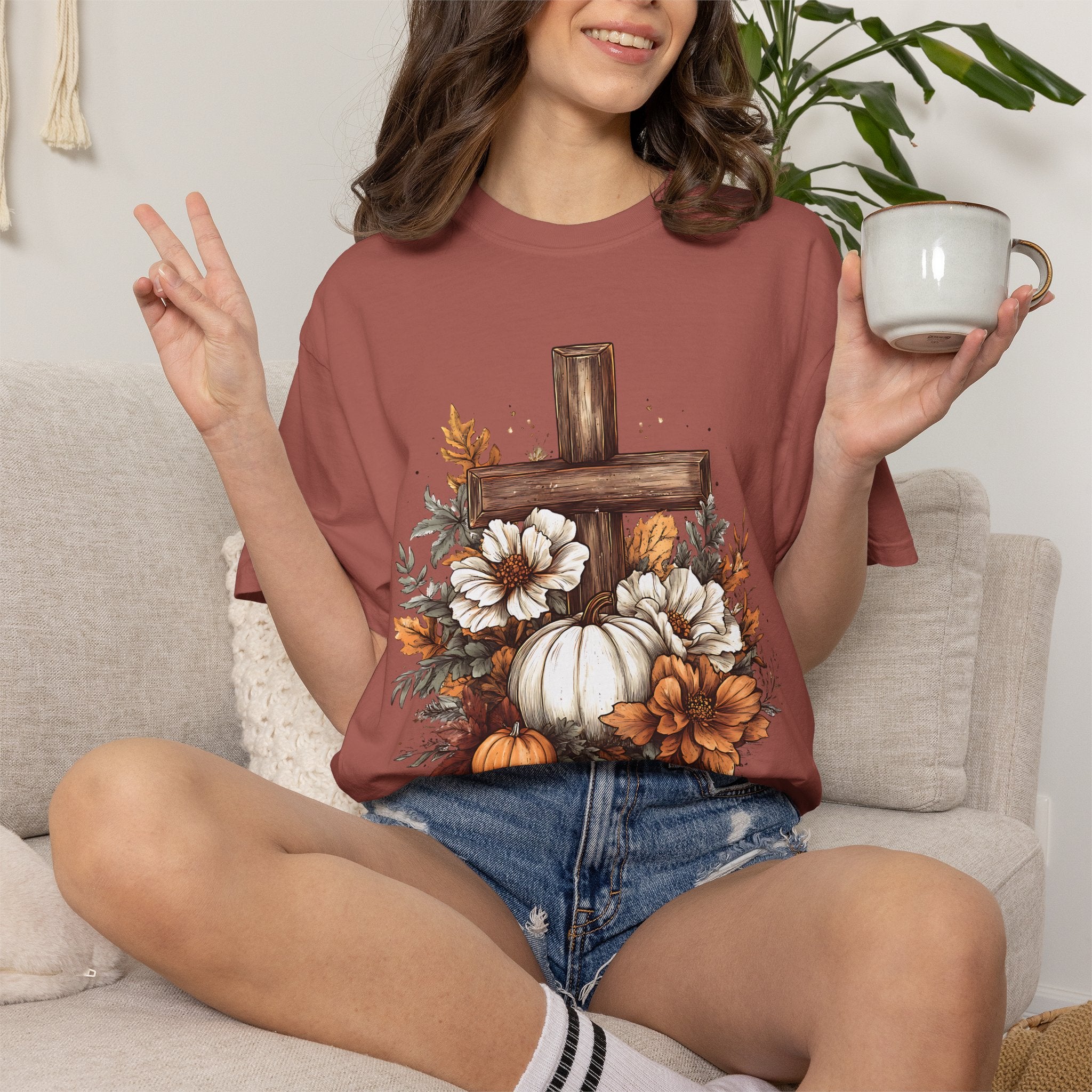 Faithful Fall Cross T-Shirt — Pumpkin & Floral Autumn Christian Tee. Midnight Eye, LLC