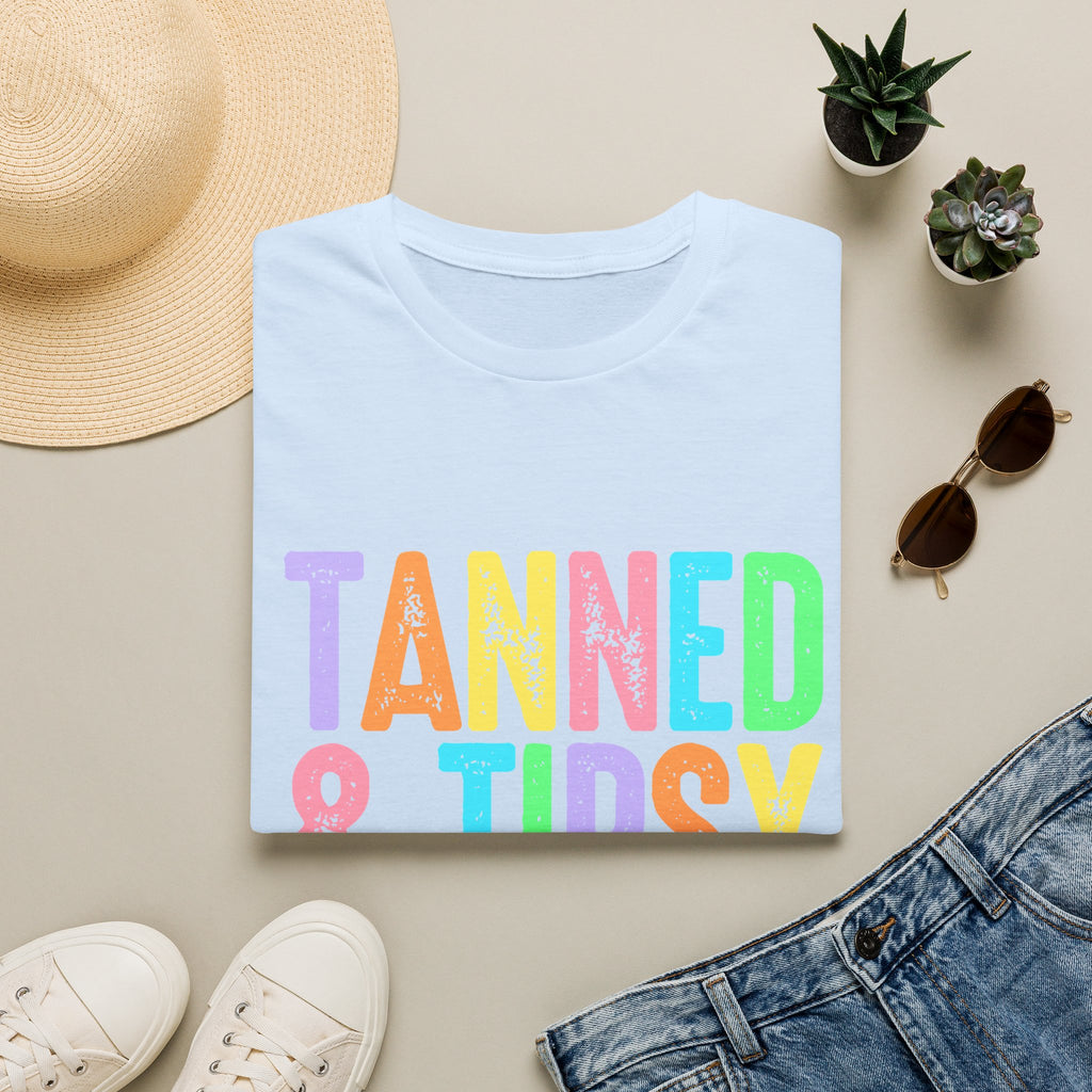 Tanned & Tipsy Beach Vacation T-Shirt - Colorful Vacation T-Shirt - Funny Summer Tee. Midnight Eye, LLC.