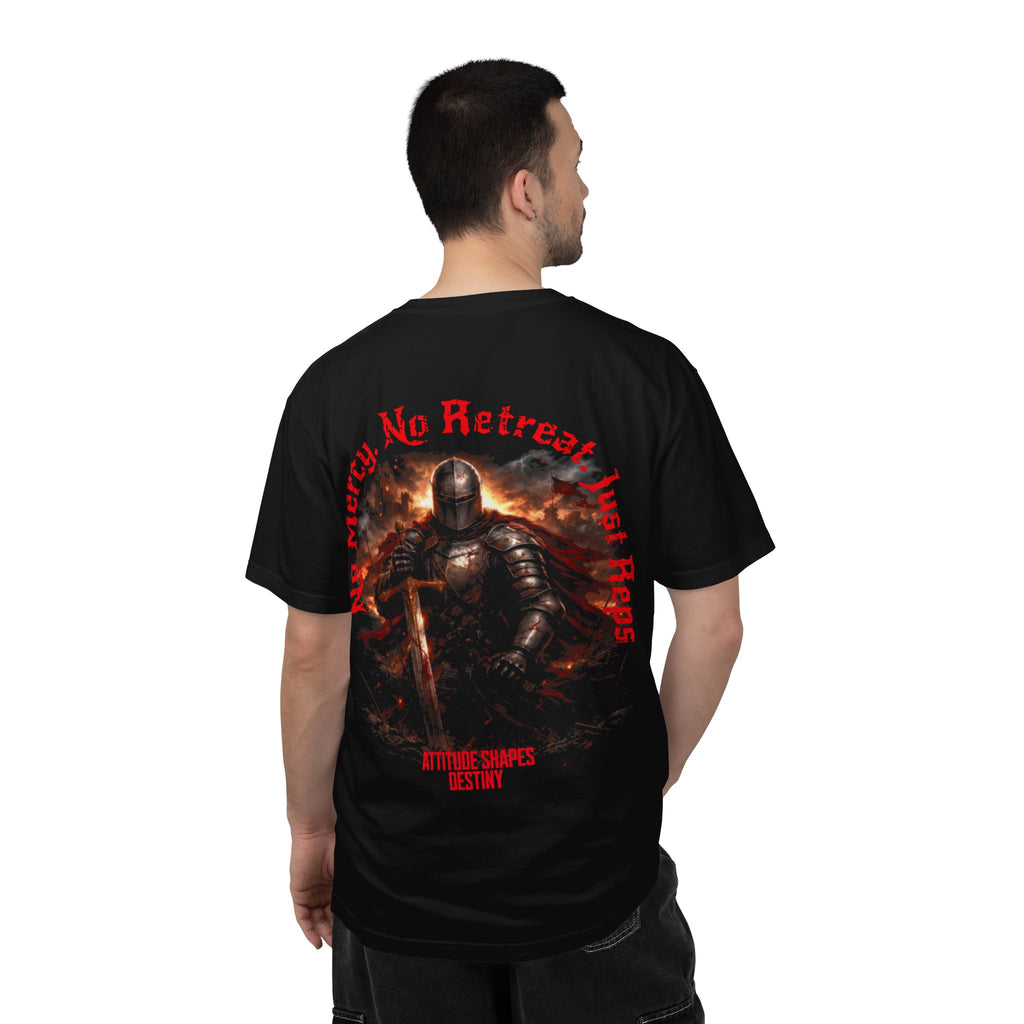 Knight Graphic T-Shirt — 'No Mercy, No Retreat, Just Reps' Design - Inspirational Tee - Workout Tee - Midnight Eye, LLC