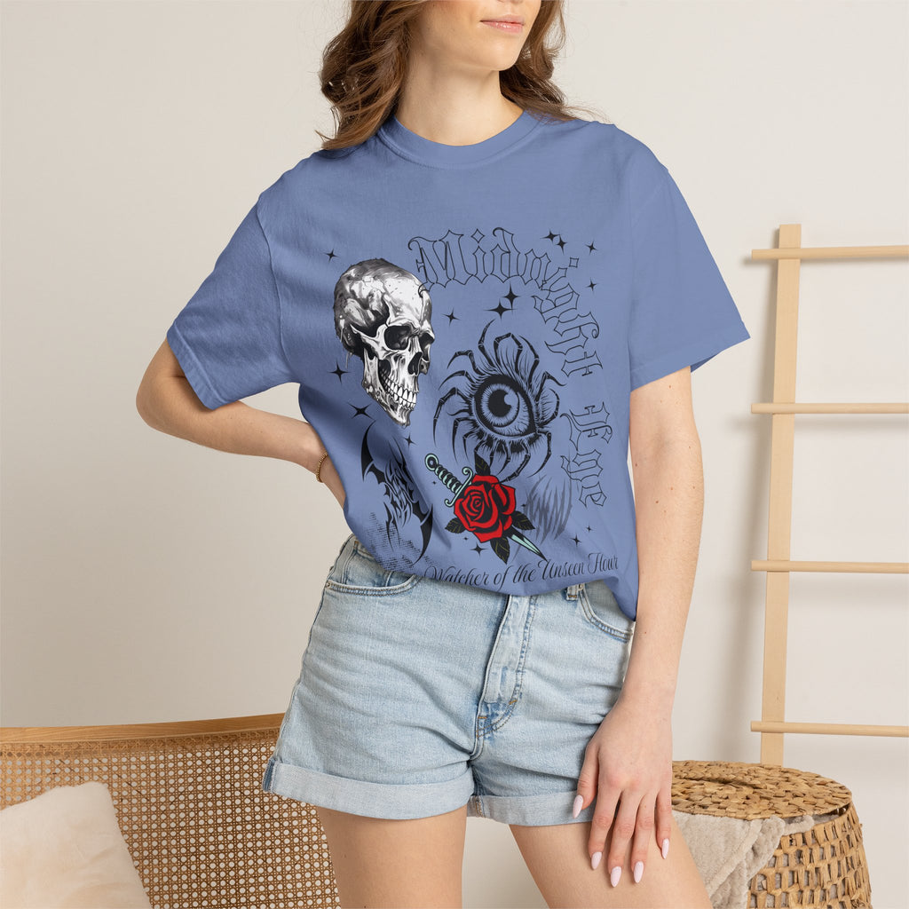 Skull, Red Rose & Eye Tattoo Art T-Shirt — Gothic Streetwear Tee. Midnight Eye, LLC