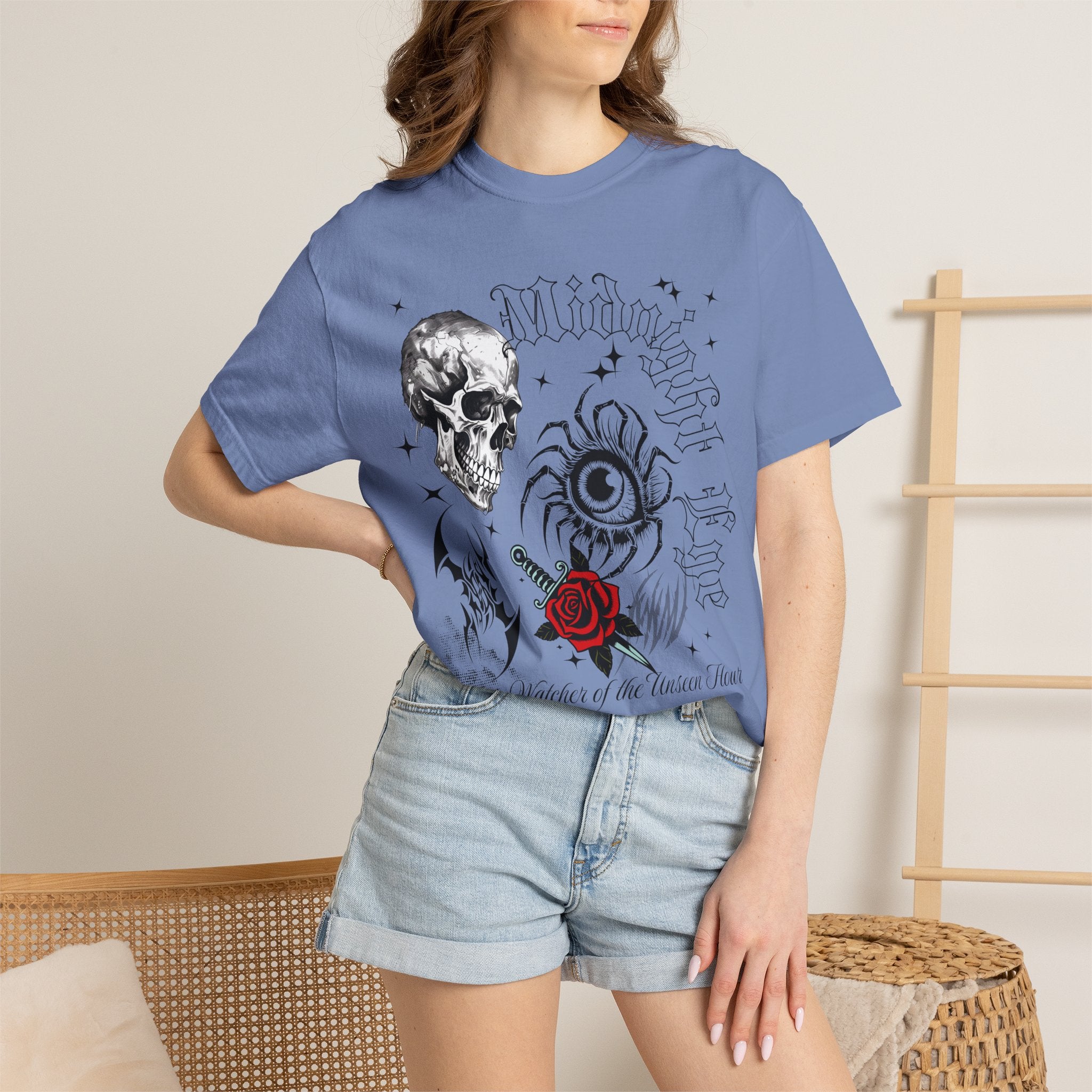 Skull, Red Rose & Eye Tattoo Art T-Shirt — Gothic Streetwear Tee. Midnight Eye, LLC