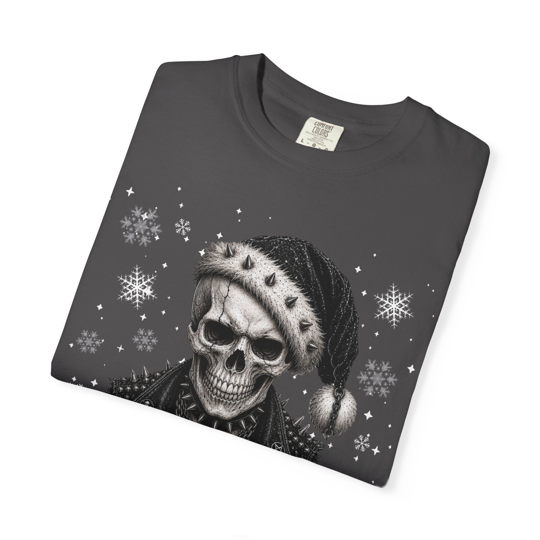 Skull with Santa Hat “Always Naughty” T-Shirt - Alternative & Gothic Christmas Tee. Midnight Eye, LLC A
