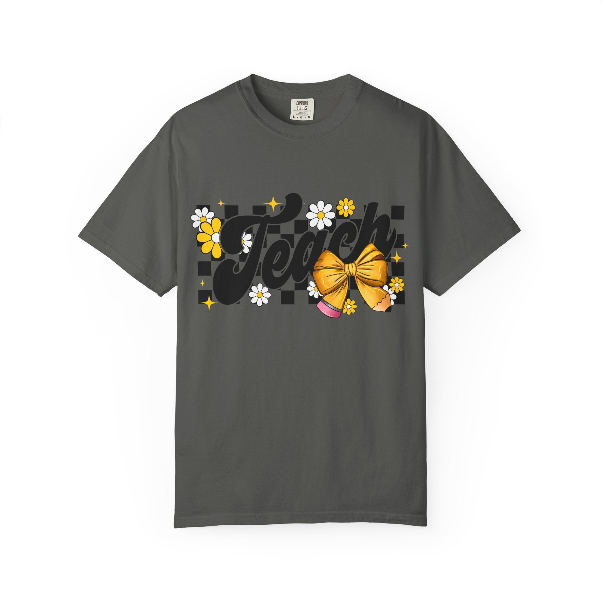 Teacher Floral Bow T-Shirt — 'Teach' Checkerboard Design