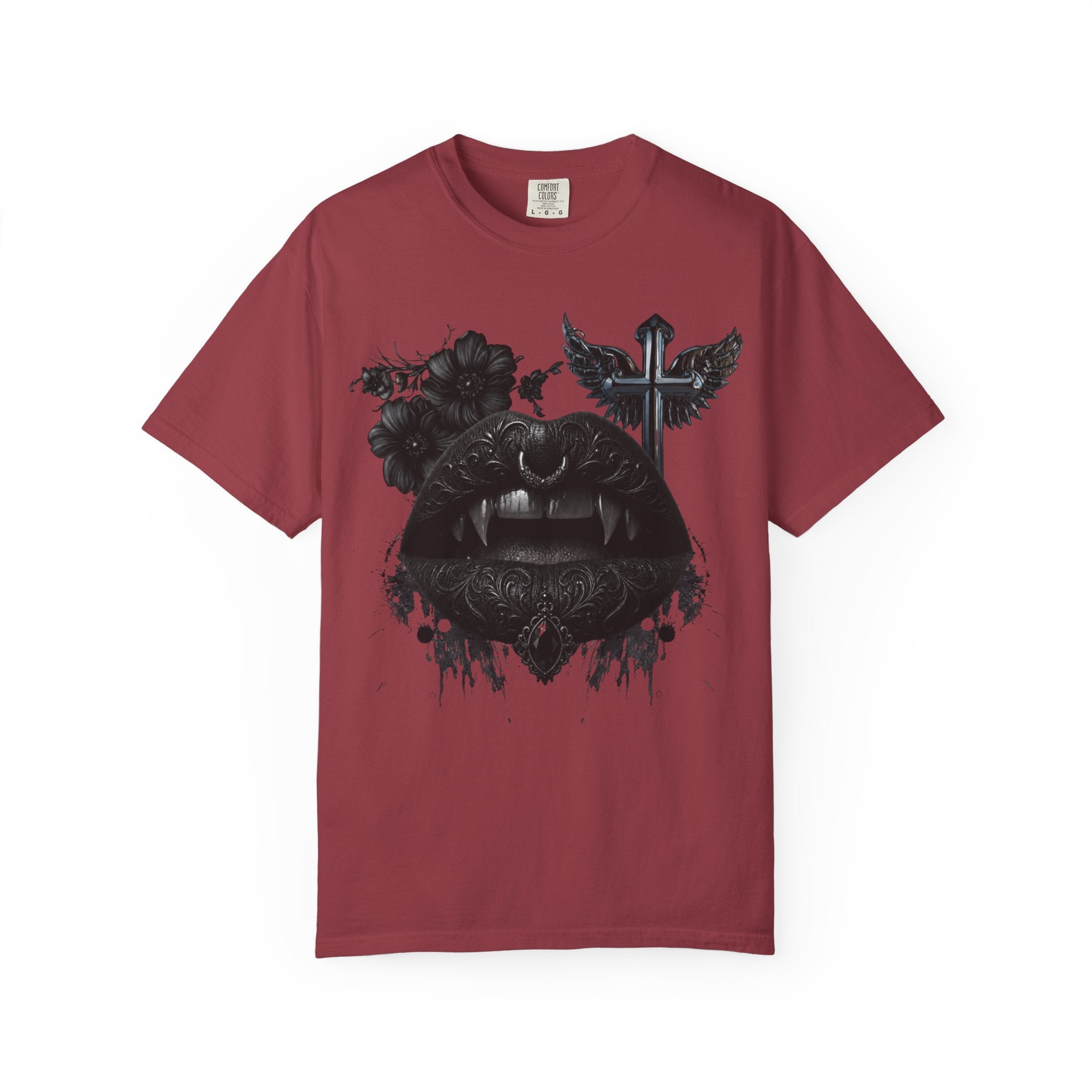 Vampire Black Lips Graphic T-Shirt - Gothic Black Lips and Fangs tee - Dark Aesthetic Tee. midnight Eye, LLC