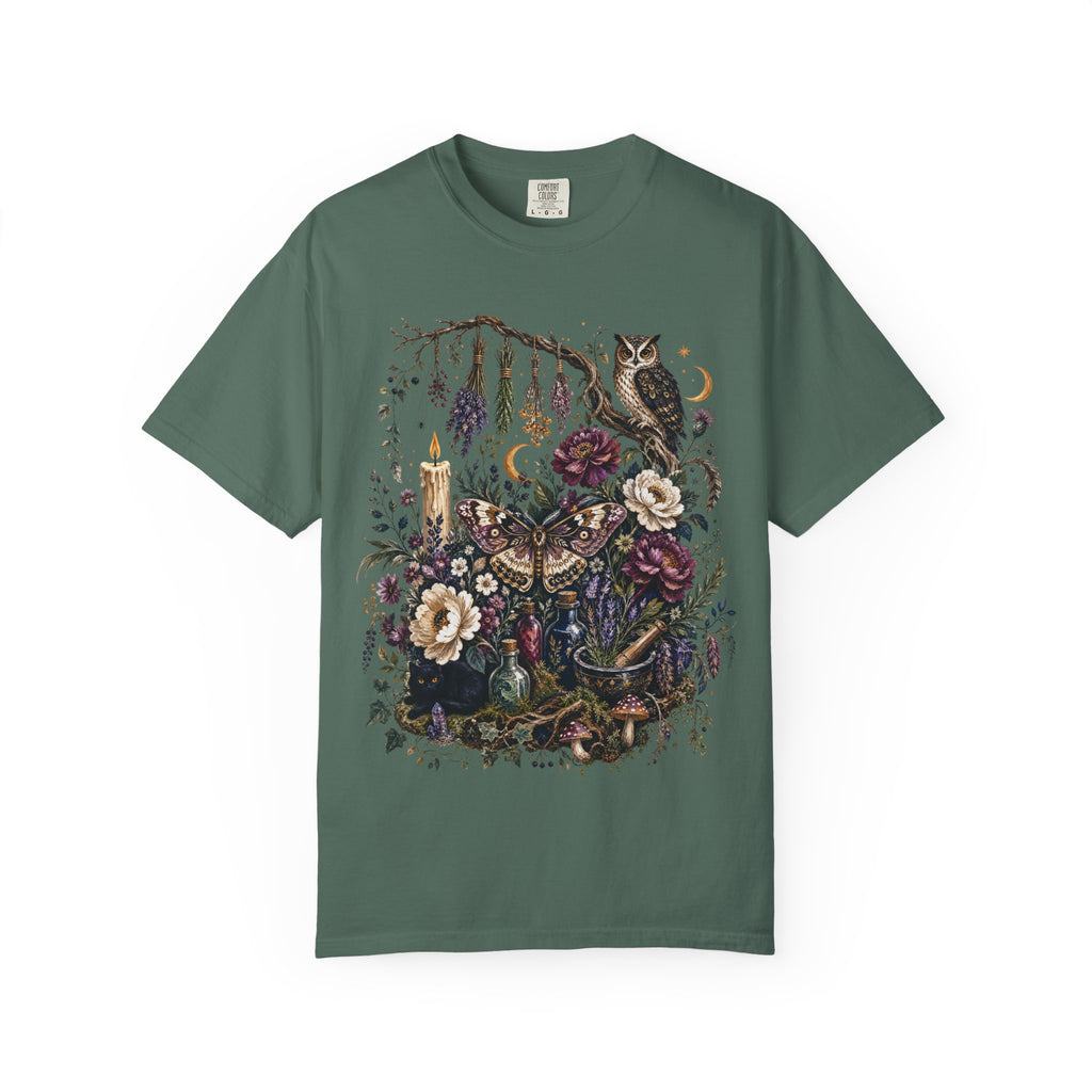 Mystical Forest Owl T-Shirt — Botanical Witchy Moonlight Art Tee, Midnight Eye, LLC