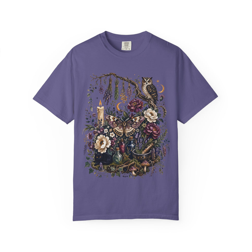 Mystical Forest Owl T-Shirt — Botanical Witchy Moonlight Art Tee, Midnight Eye, LLC
