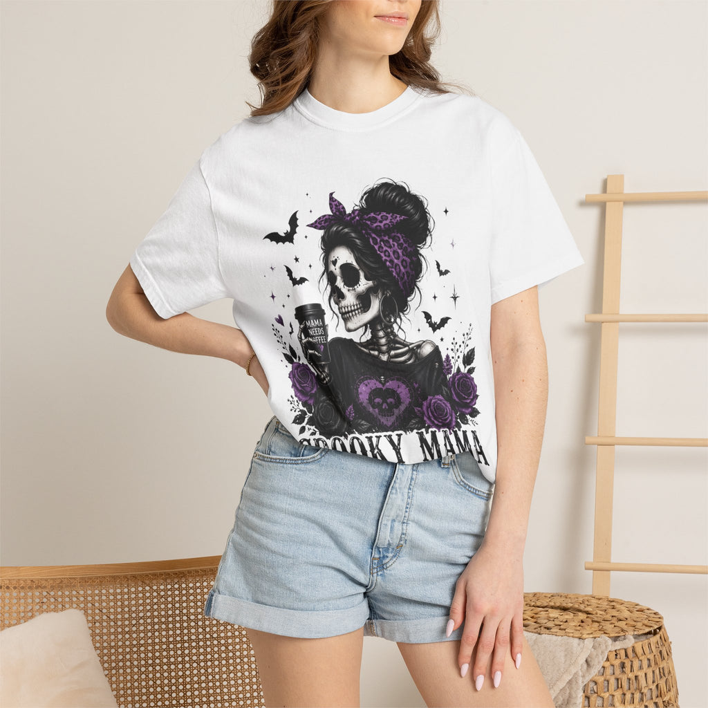 Spooky Mama T-Shirt — Gothic Skull  and Bats Mom Tee with Purple Roses. Midnight Eye, LLC. 